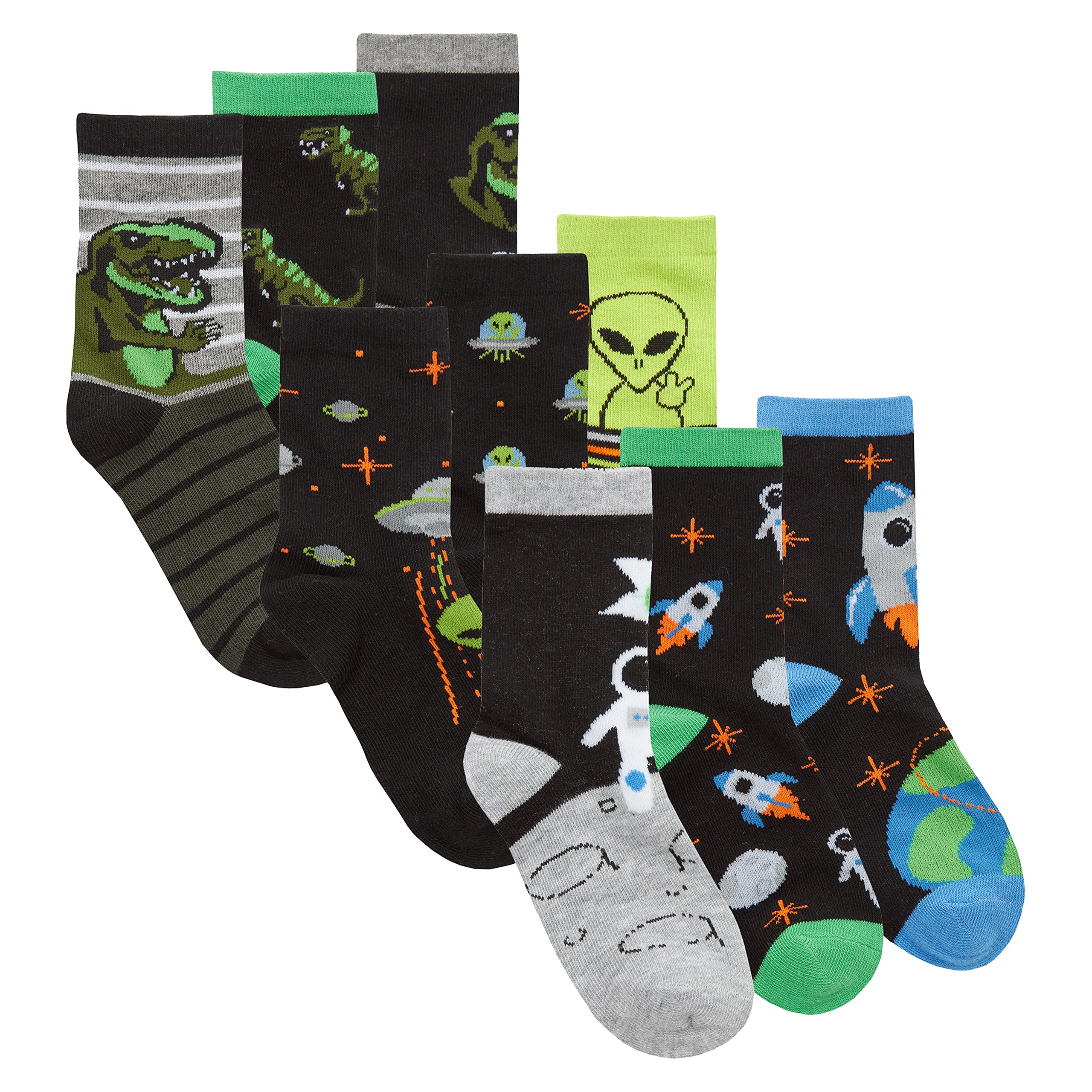 Metzuyan Boys Novelty Cotton Rich Socks 9 Pairs Funky Characters T-Rex Alien Space 6-8.5