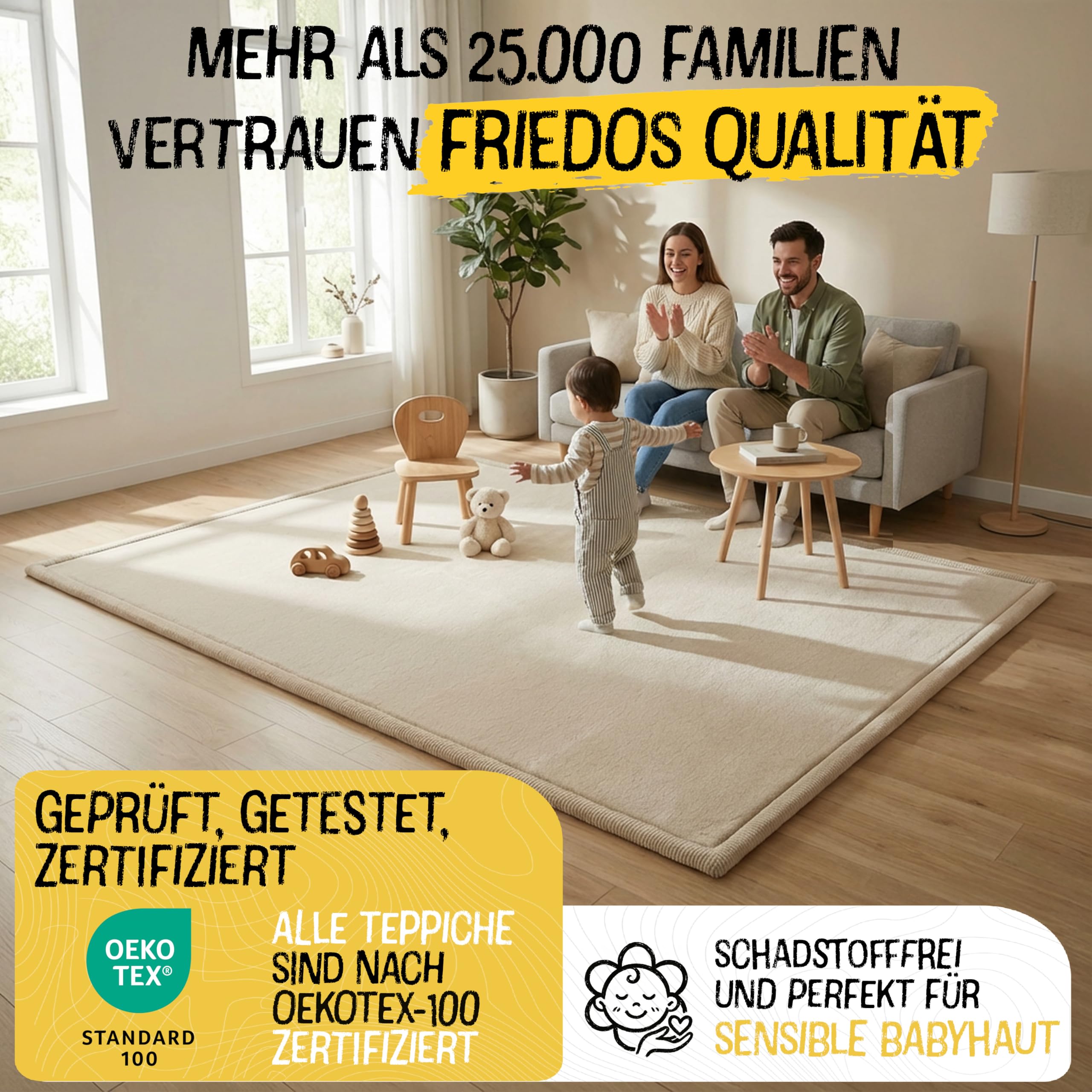 FRIEDO Krabbelmatte Baby I ÖKOTEX Zertifiziert I 160x230cm beige I Extra dick und weiche Spielmatte, Spielteppich I Rutschfester, wasserabweisender Teppich für Wohn und Kinderzimmer I Tatami Matte