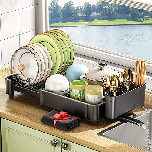 HERJOY Escurridor de platos de aluminio, escurridor de platos para encimera de cocina, expandible (14.9-22.2 pulgadas), escurridor de platos de gran