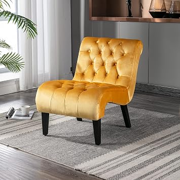 Velvet Accent Living Room Chair Curved Seat, Modern Button Tufted Upholstered Armless Accent Chair with Rubber Wood Legs for Bedroom Living Room, Mustard