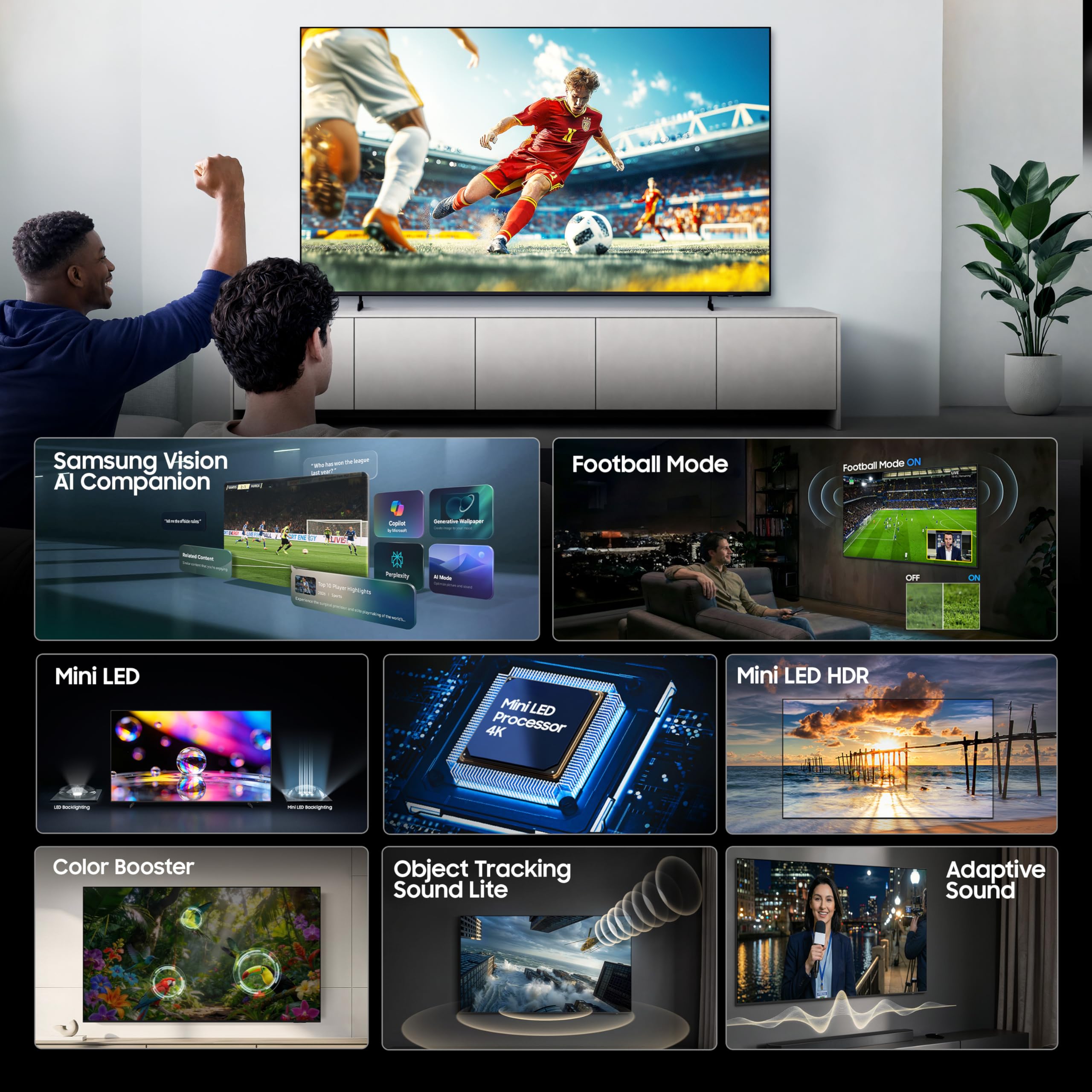 Samsung 75 inch (189cm) Mini LED 4K Vision AI 2026 Smart TV | Pure Spectrum Color | 4K Upscaling | Mini-LED HDR | 150+ Channels | 7 Years OS Upgrade | UA75M2EHAULXL — Amazon image 2