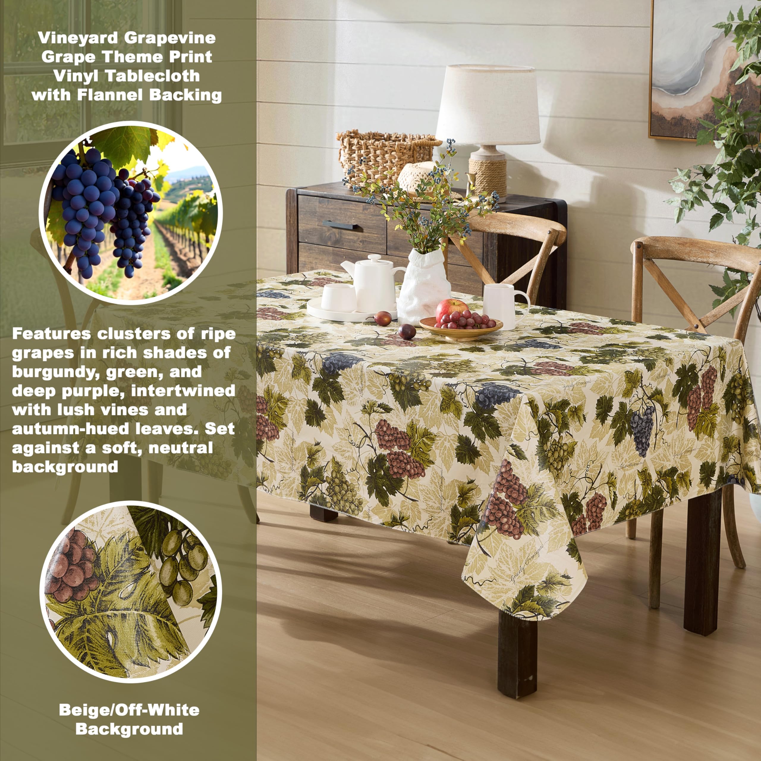 Newbridge 52 x 52 Inch Square Vinyl Tablecloth with Flannel Backing, Grapevine Print, Grape Theme Indoor Outdoor Waterproof Table Cover, Picnic, Barbeque, Patio and Kitchen Dining