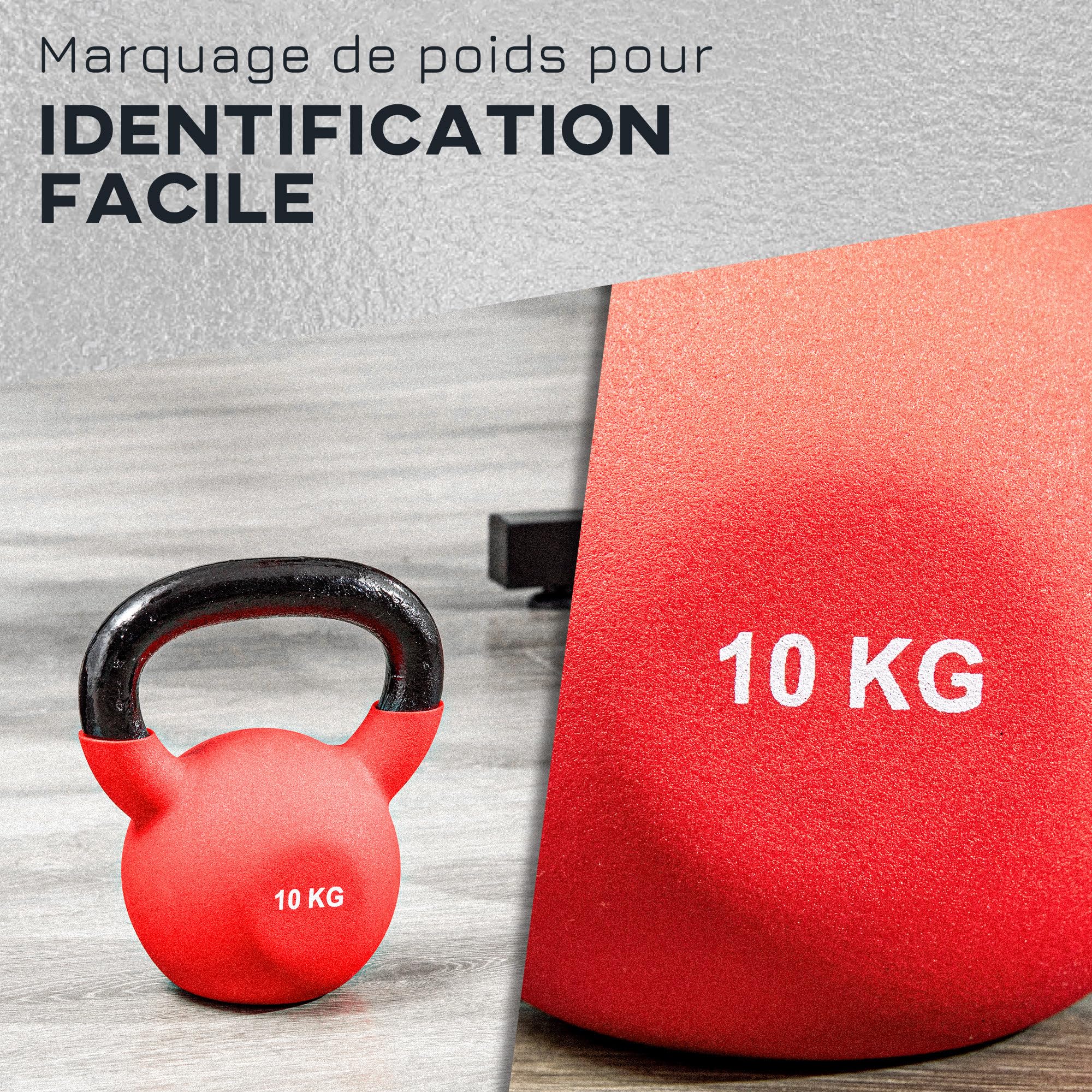 HOMCOM Kettlebell 10 kg en Métal, Poids pour Entraînements avec Poignée Antidérapante et Fond Plat, Kettlebell pour Fitness, Musculation à Domicile et au Gym, Rouge et Noir