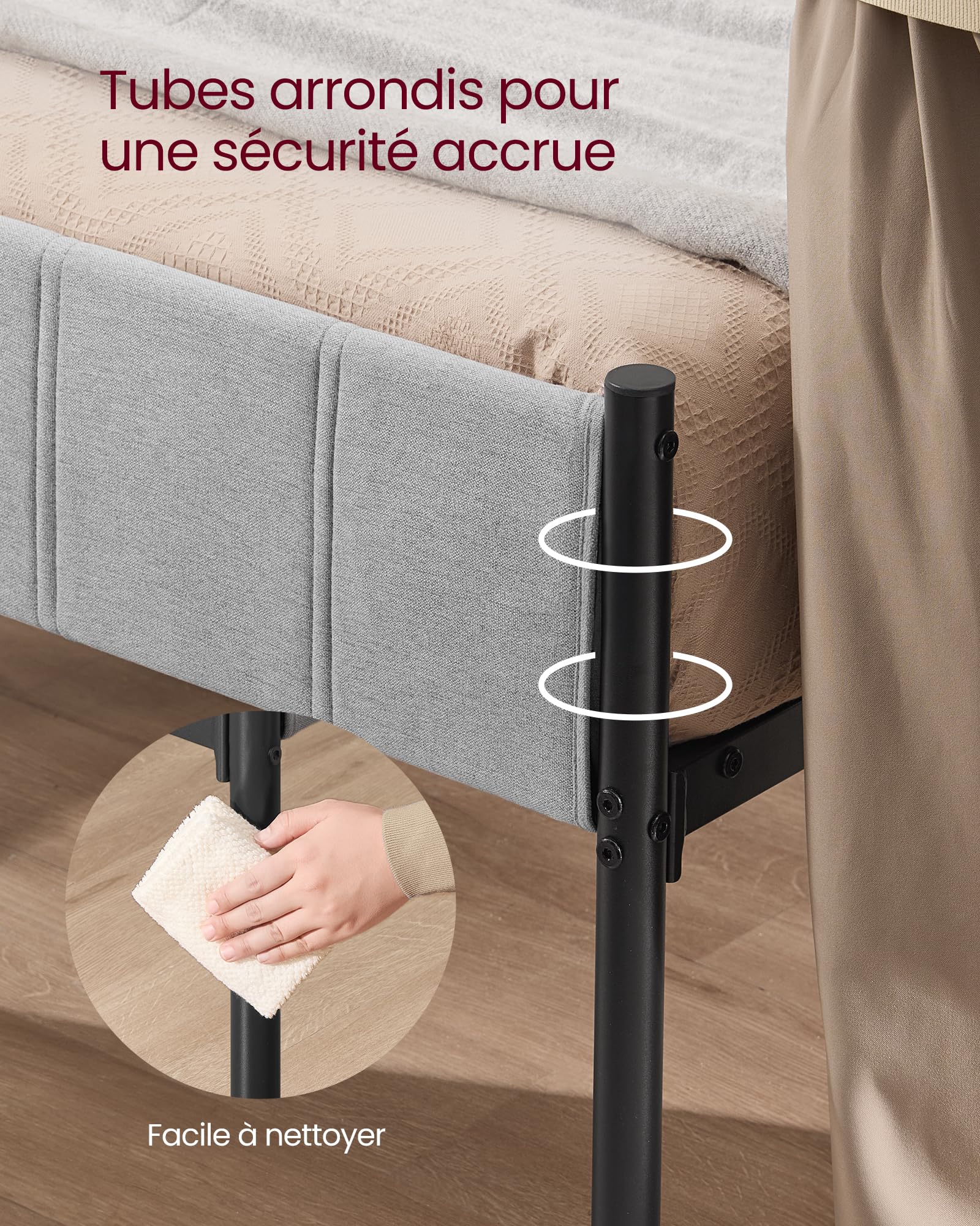 VASAGLE Cadre de Lit Double, 140 x 190 cm, avec Tête de Lit Rembourrée, en Acier, Supporte Jusqu'à 500 kg, Montage Facile, Gris Tourterelle RMB973G01