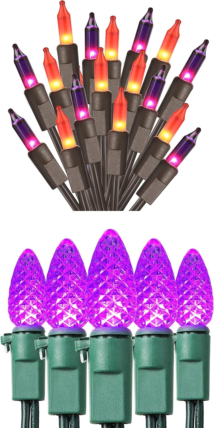21.63ft 100 Count Orange Purple Halloween Lights +16.3ft 50 LED C3 Mini