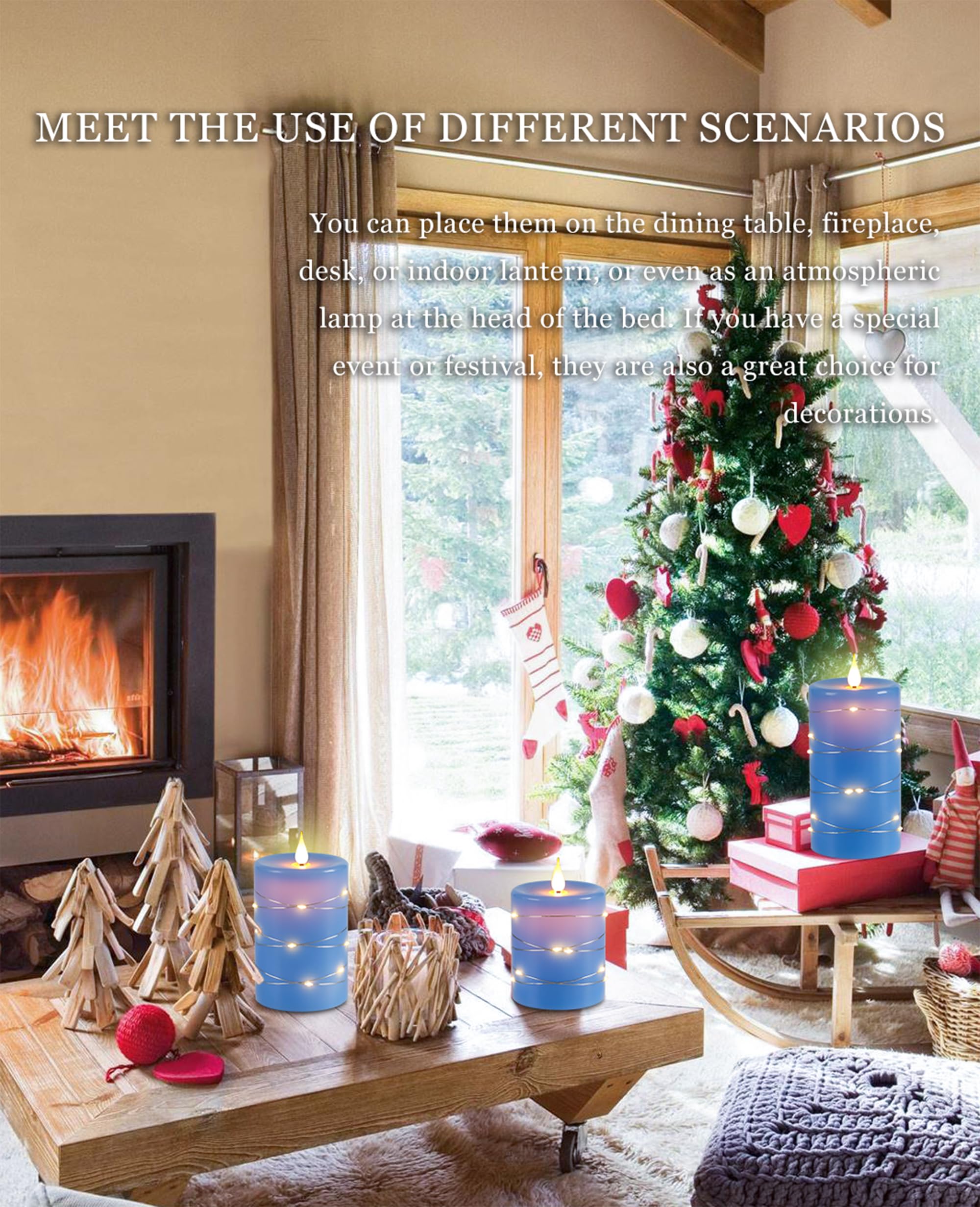 Candele LED Angolo di visione a 360 gradi, con luci stellate, 3 pezzi di candele a LED con telecomando a 10 tasti, funzione timer 24 ore, fiamma danzante, cera reale (Blu).