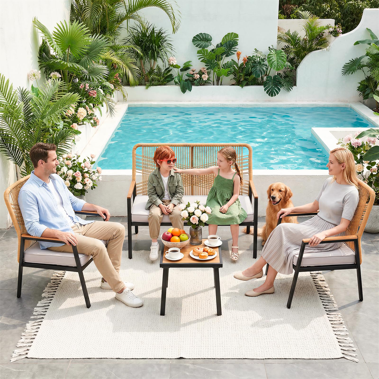 LIFERUN Gartensofa Rattan, 2-Sitzer Rattansofa Polyrattan, Sitzbank Outdoor, Gartenmöbel Metall und Rattan, Wetterfest, WPC Armrest, 64x115x94cm, Balkon Bank für Terrasse,Garten und Veranda, Beige