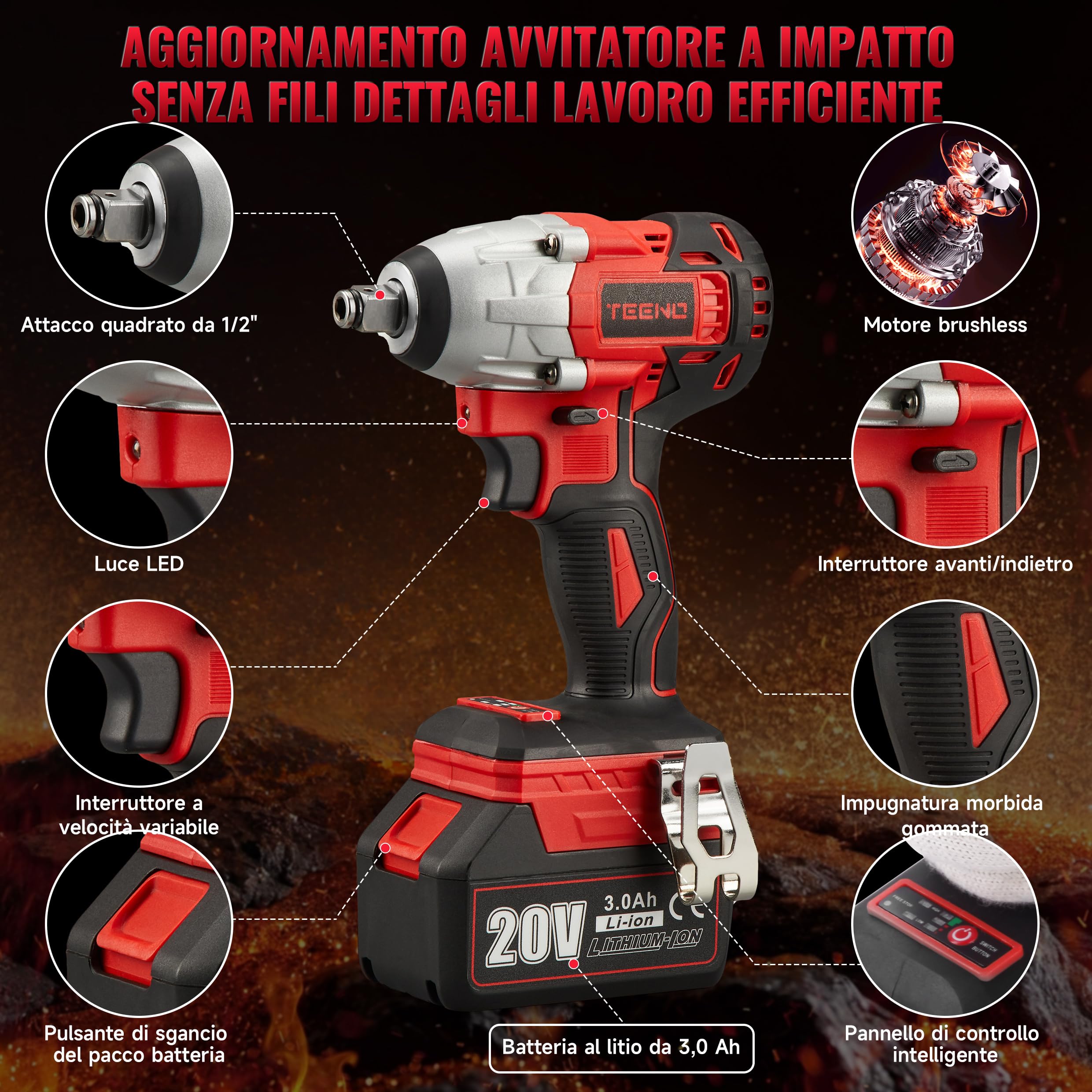 TEENO Brushless - Chiave a percussione senza fili, 320 Nm Bullonatrice a urto con batteria da 3,0 Ah, bulloni per ruote, scatola con 25 accessori