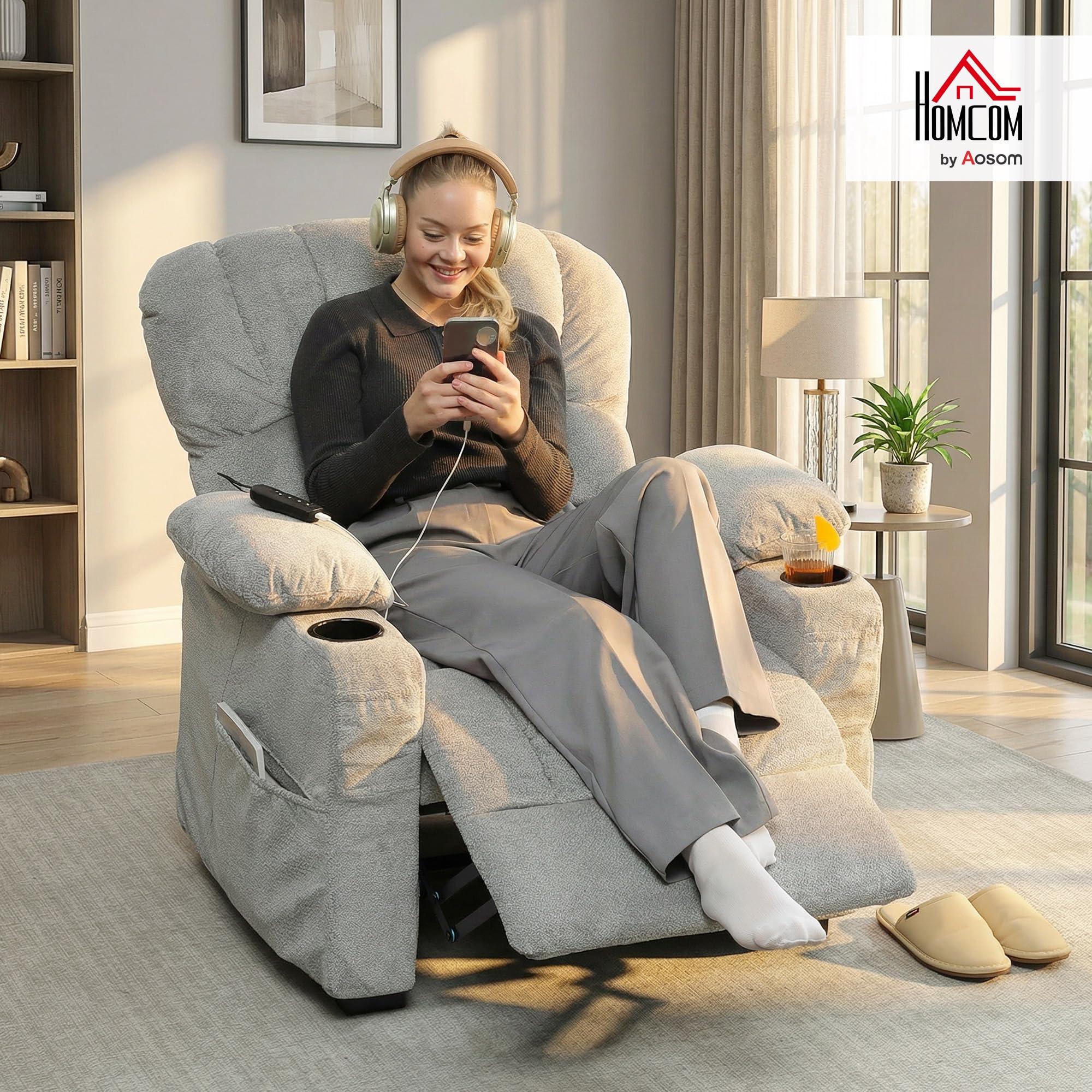 HOMCOM Sillón Relax Reclinable Eléctrico, Sillón Reclinable Silencioso de Terciopelo con Función Memoria, Reposapiés, Mando a Distancia, Bolsillos, Puerto USB, Portavasos, Respaldo Concha, Gris