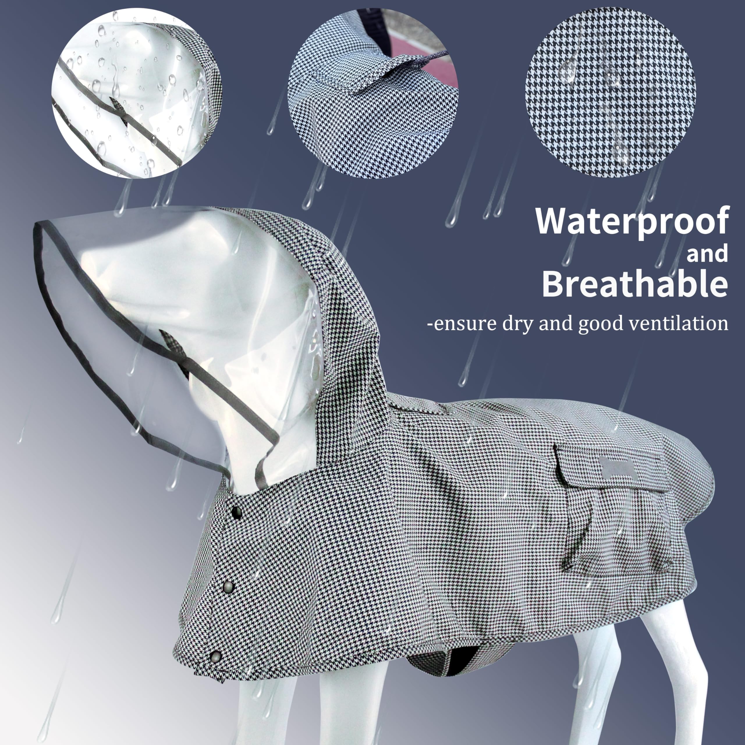Waterproof Dog Raincoat, Adjustable Reflective Lightweight Pet Rain Clothes with Poncho Hood(Large,Black&White) - Image 4