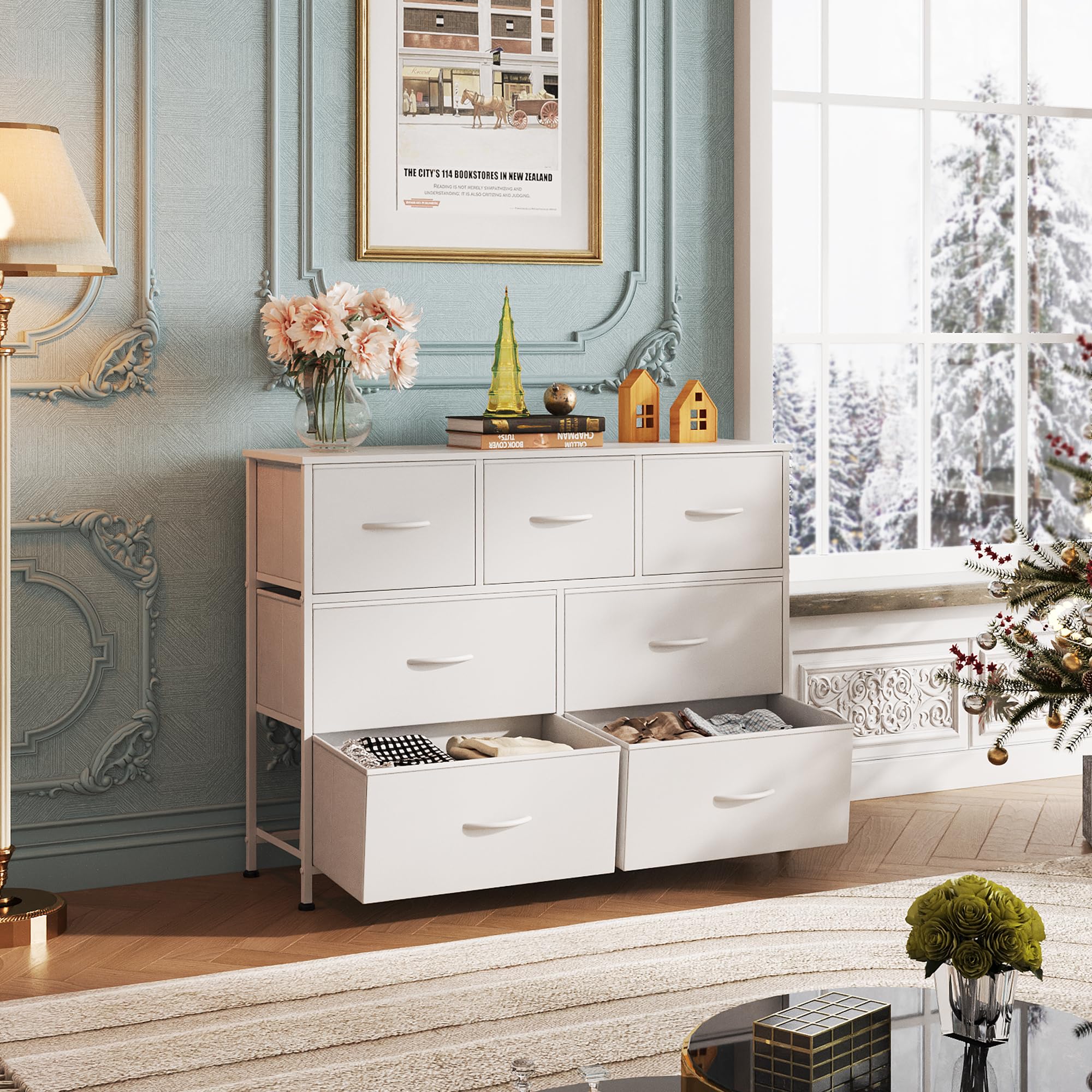 WLIVE Commode, Commode Chambre Adulte, Commode en Tissu avec 7 Tiroirs, Meuble de Rangement pour Chambre à Coucher, Salon, Couloir, Cadre en Acier, Plateau en Bois avec Poignées, Blanc