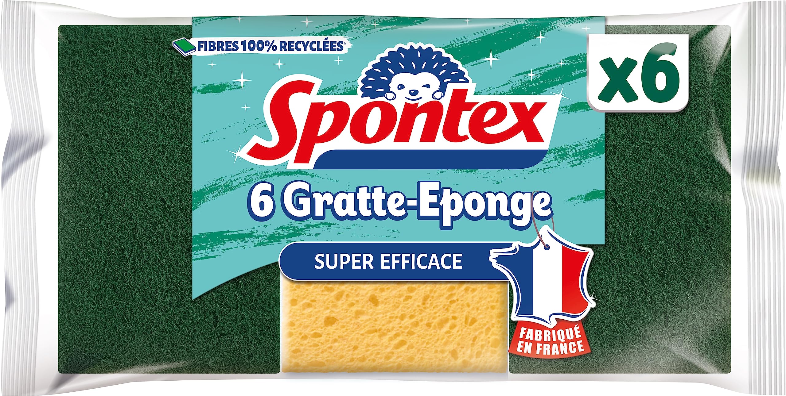 Spontex Gratte-Éponge Fibres Recyclées Lot de 6 Nettoyage Cuisine Vaisselle Lavable 40°C