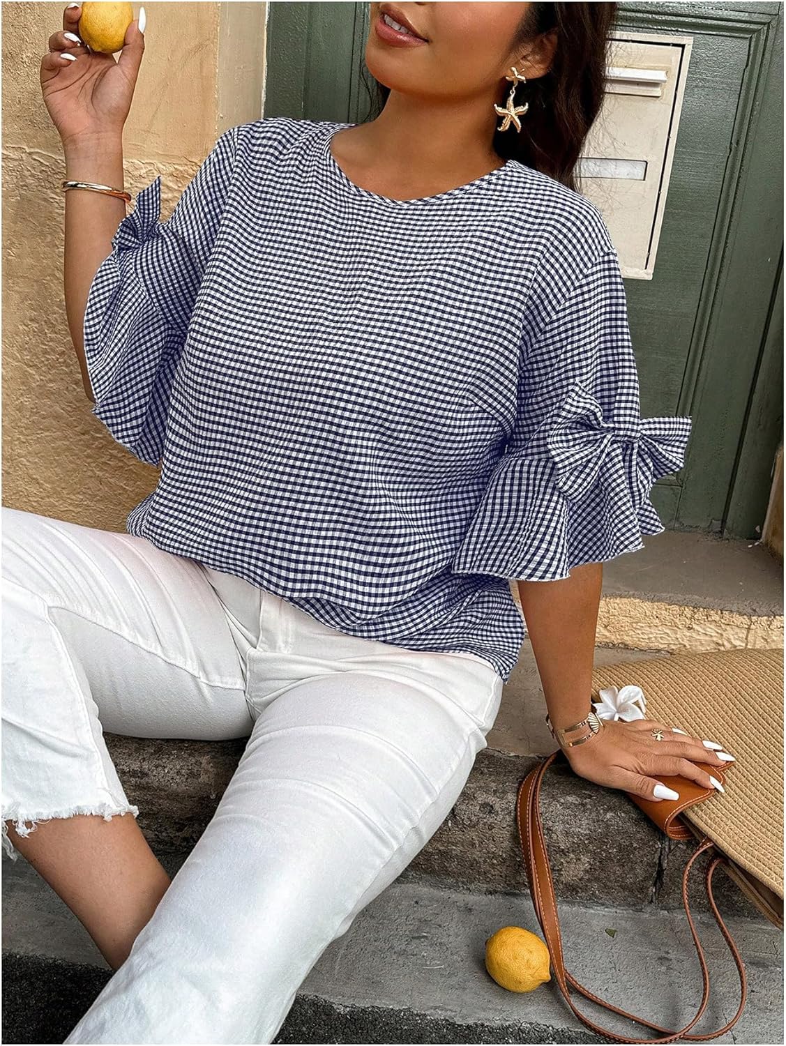 SOLY HUX Women's Plus Size Plaid Blouse Gingham Bow Ruffle Half Sleeve Summer Casual Going Out Tops Dark Blue Plaid X-Large Plus - Image 3