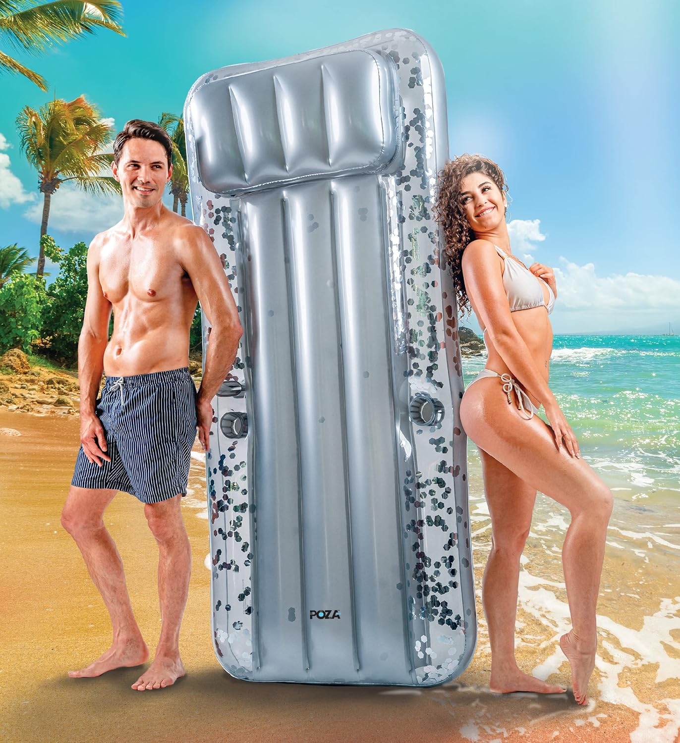 POZA Inflatable Giant Pool Mattress - Big Luxurious Pool Float Lounger Filled with Sparkle Confetti, Premium Thick Air Mat, Built in Headrest, Phone Holder, and Cup Holders - 76x32 Inches