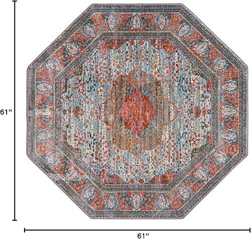 Miniatura 2 de Unique Loom Baracoa Collection - Alfombra malecón (octágono de 5 pies 1 pulgada, azul claronaranja)