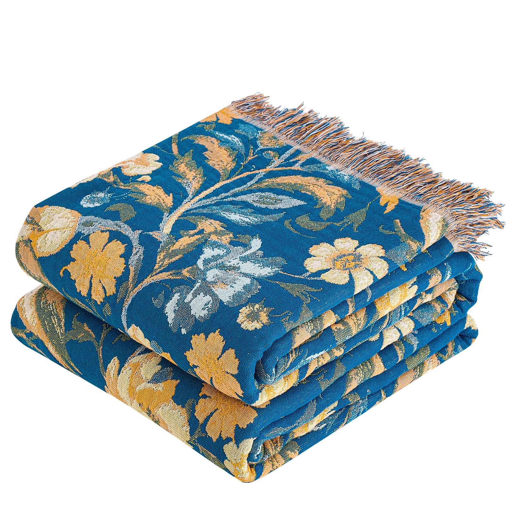 VANJOROY 100% Organic Cotton Sofa Large Bed Throw Blanket-150x200cm, Double-sided Soft Luxury Floral Throw for Single 2 Seater Settees Armchair Couch and Bedspread.Blue/Yellow โ image 1