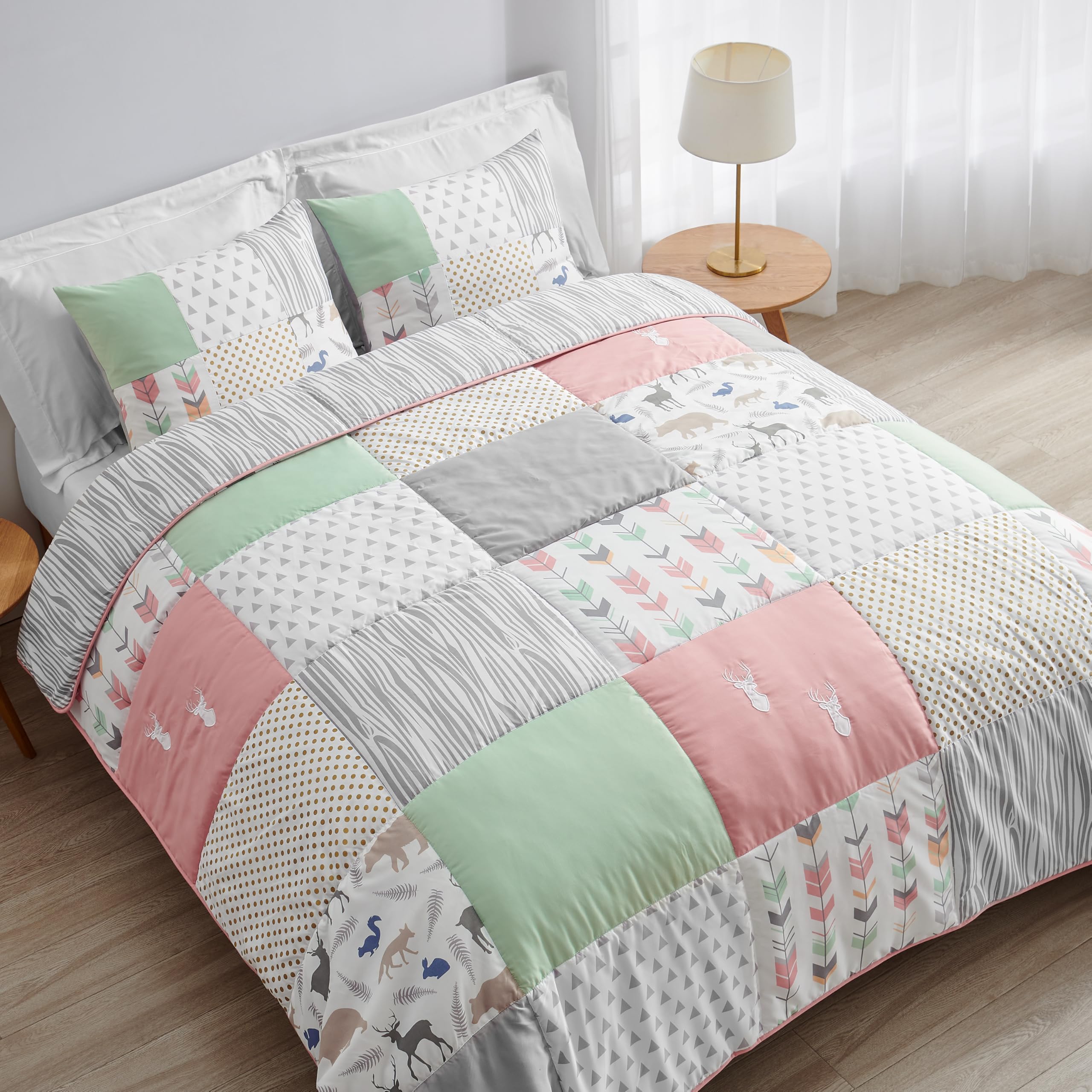 Coral, Mint and Grey Woodsy Deer Girls 3 Piece Full/Queen Bedding Set