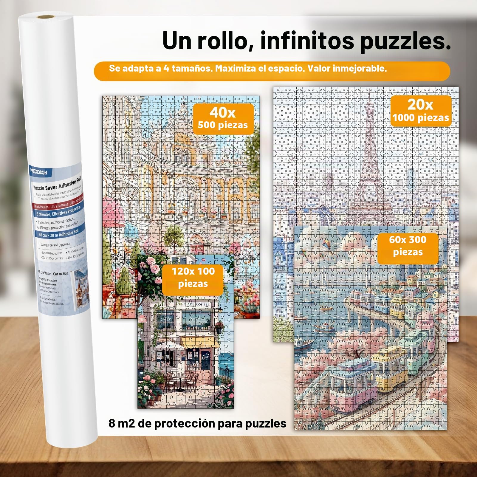 Pegamento para Puzzles en Rollo - 40cm x 20m Lámina Adhesiva de Aluminio para Conservar Puzzles Hasta 20 x 1000 piezas, Soporte Reforzado Anti-Humedad y Sin Deformación, Incluye Espátula de Aplicación