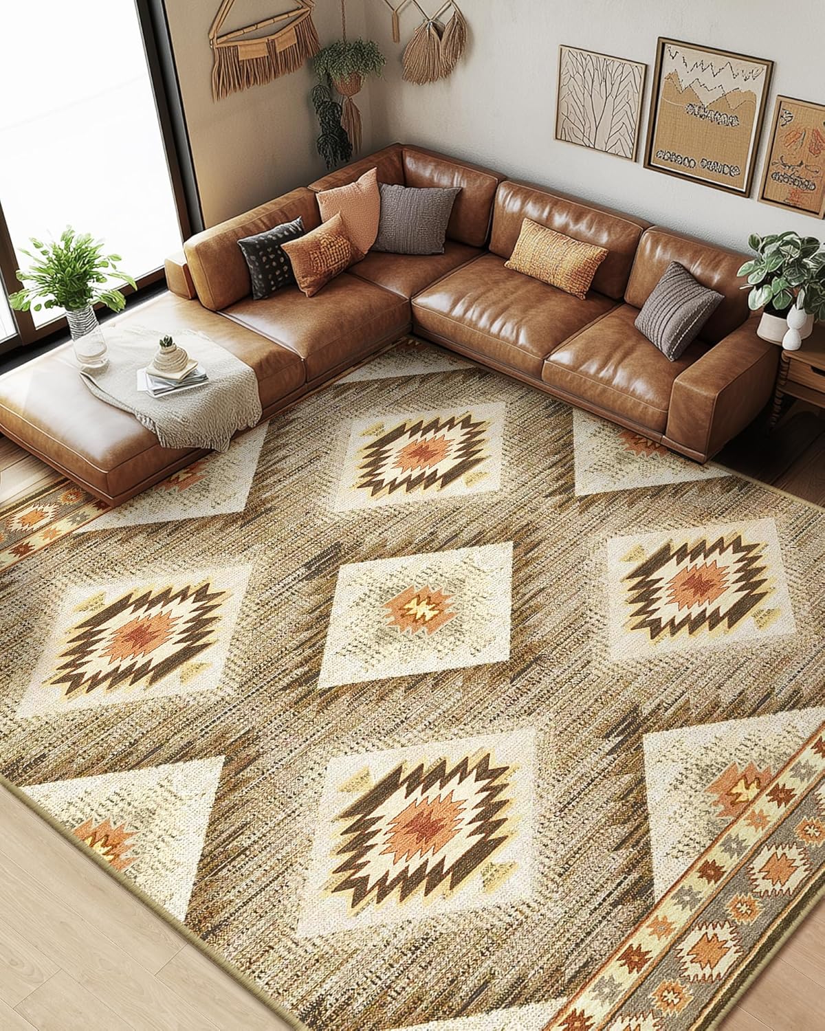 Area Rug 8x10 Rug Machine Washable Non-Slip Low Pile Print Pattern Western Rug for Living Room Bedroom Entryway
