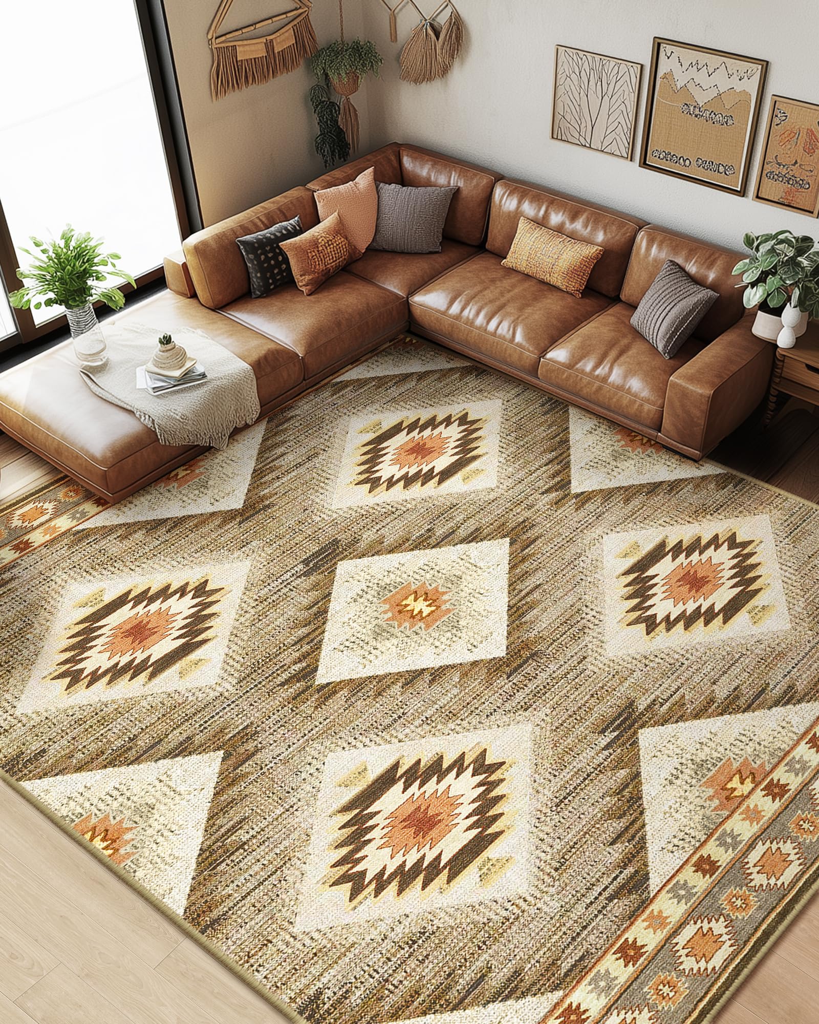 Area Rug 8x10 Rug Machine Washable Non-Slip Low Pile Print Pattern Western Rug for Living Room Bedroom Entryway