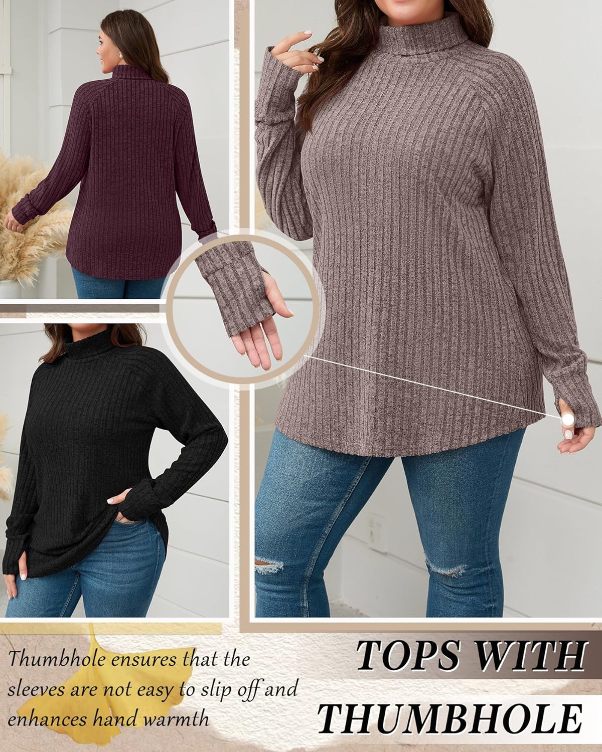 Ficerd 3 Pack Women's Plus Size Turtleneck Sweater Tunics, Long Sleeve Thumbhole Ribbed Tops Curved Hem Loose Pullover Shirts - Image 3