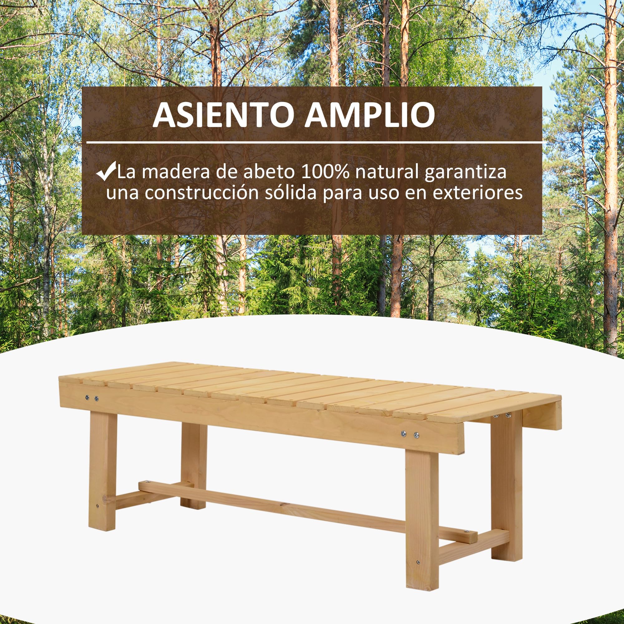 Outsunny Banco de Madera Para Jardín y Terraza 2 Plazas - Carga 250 kg - 110x38x35 cm Natural