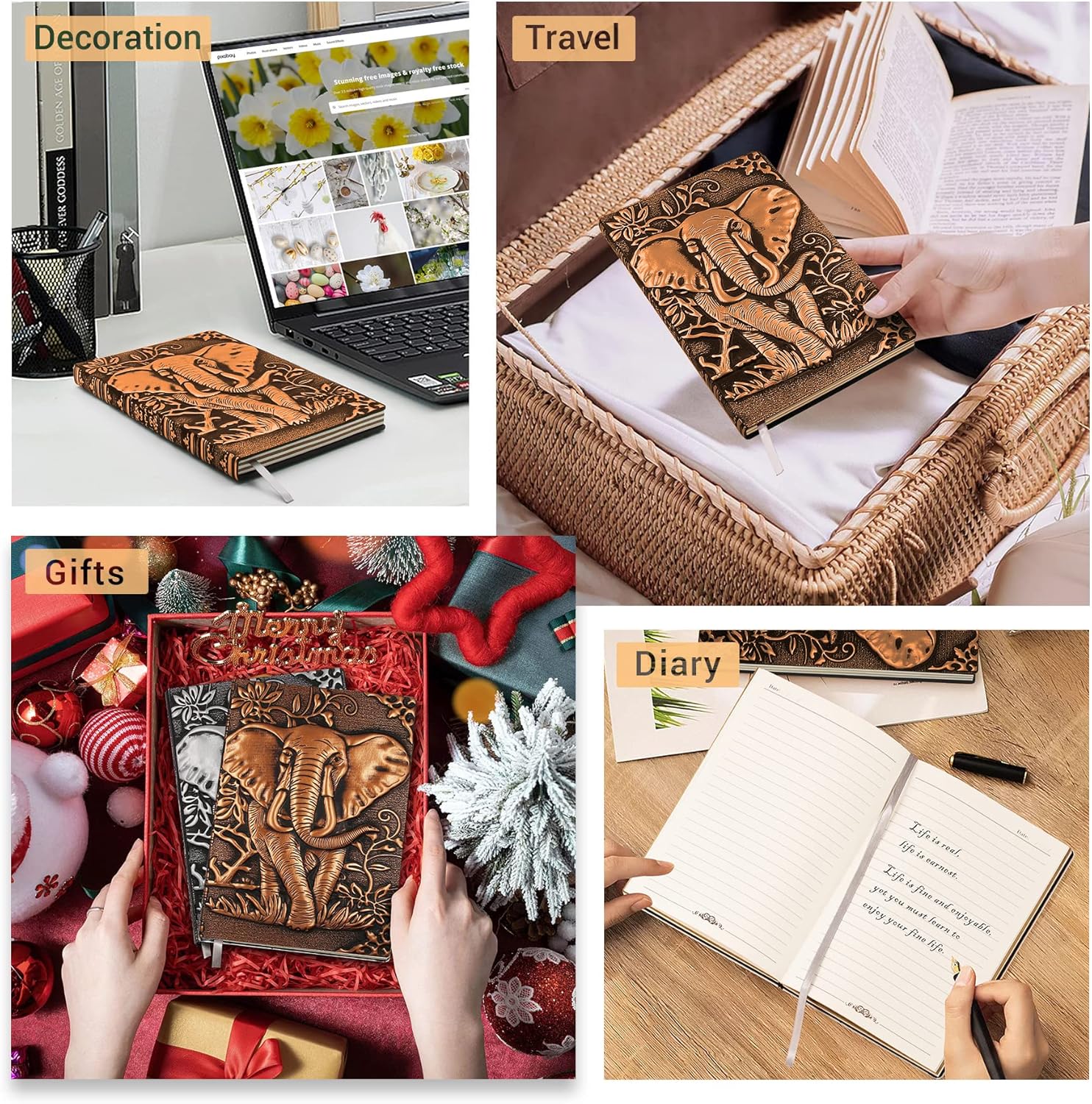 Elephant Embossed Leather Journal Notebook - 3D Handmade Vintage Notebooks Travel Diary with Lined Paper Antique Leather Sketchbook Writing Journals for Women & Men (A5, Red Bronze) - Image 6