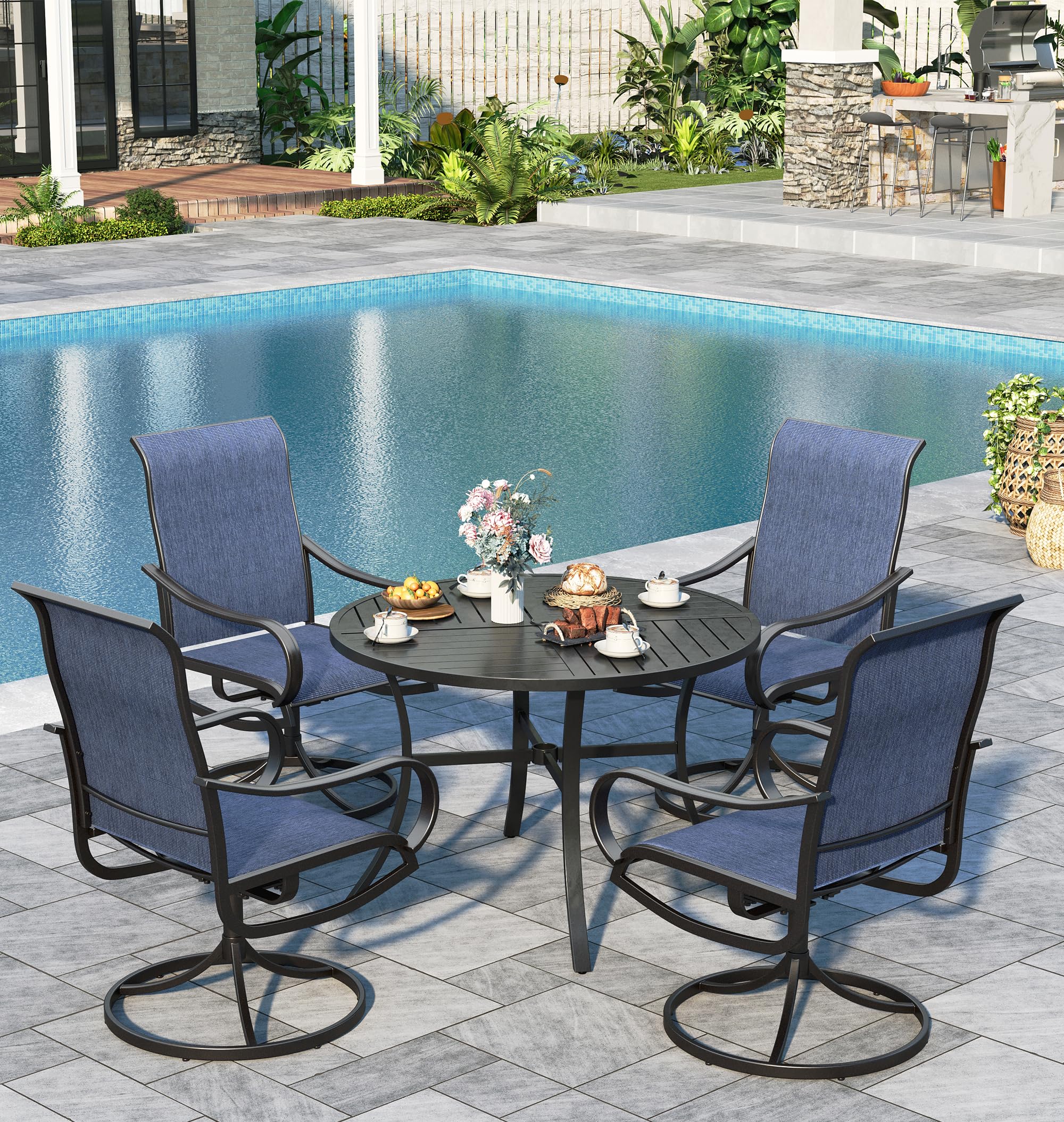 Sophia &amp; William Patio Dining Set for 4, Round Table &amp; Blue Swivel Chairs