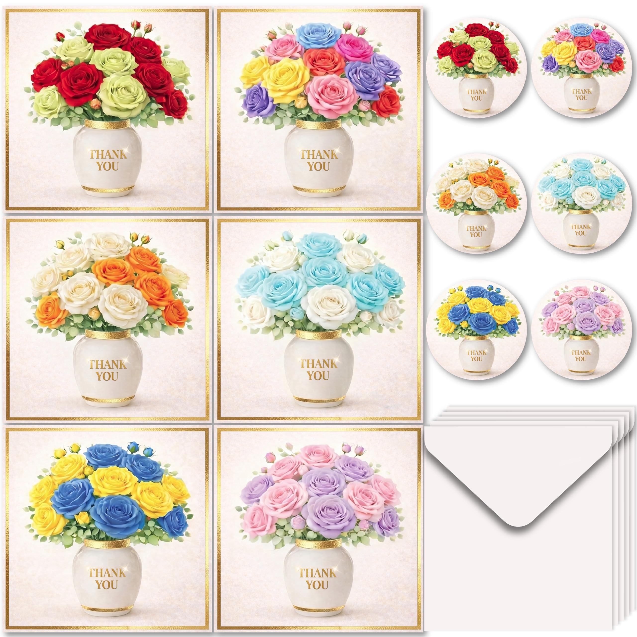 Simply Gifted Thank You Cards Multipack of 24 with Envelopes & Thank You Stickers – 6 Elegant Floral Pot Designs Gold Foil Finish Thankyou Cards –Premium Thick 12x12cm Greeting Cards for Teachers Kids