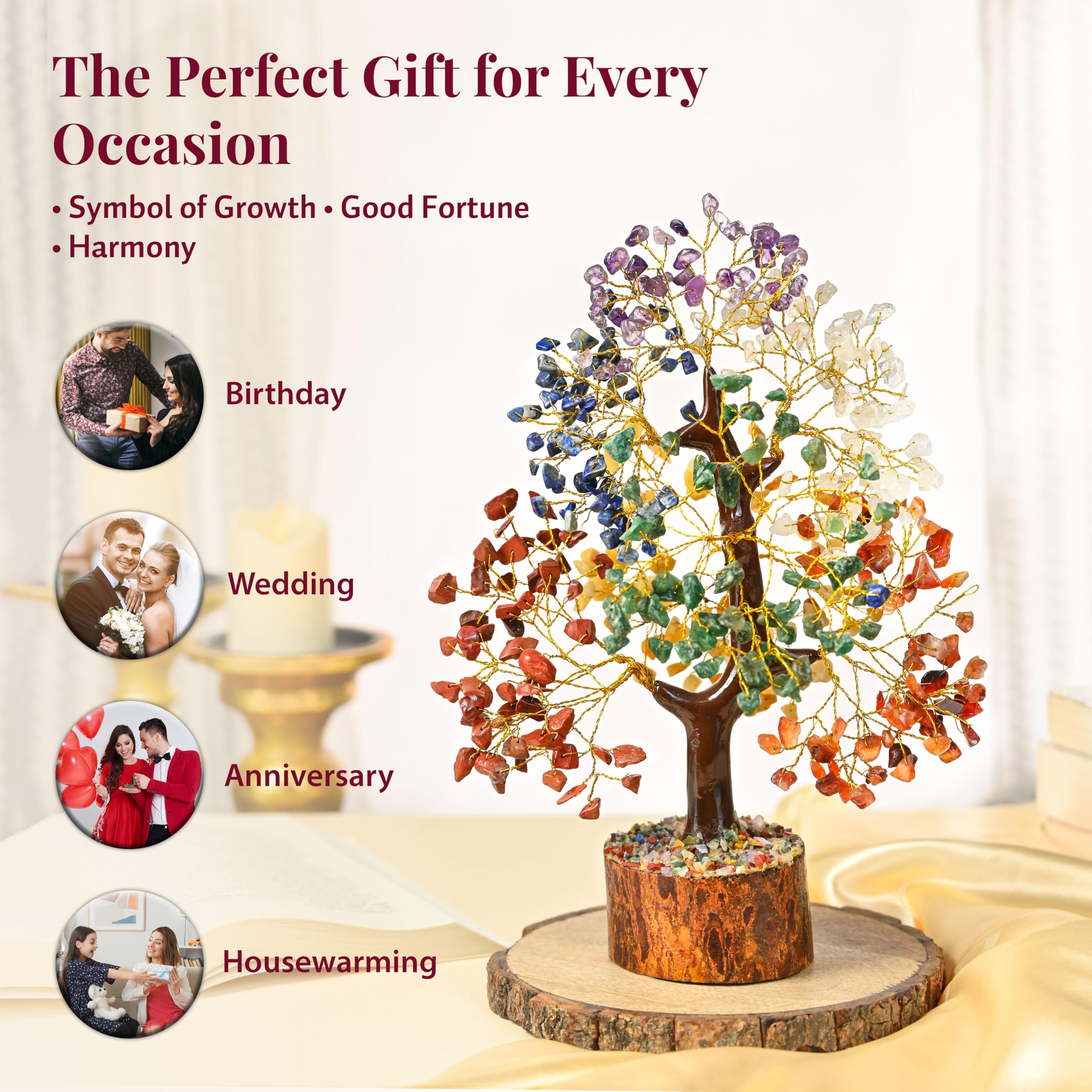 Arbre de vie en cristal 7 chakras – Bonsaï Feng Shui fait à la main, attire la chance – Arbre en pierres précieuses, cristaux de décoration d'intérieur – Arbre à sept chakras pour énergie positive,