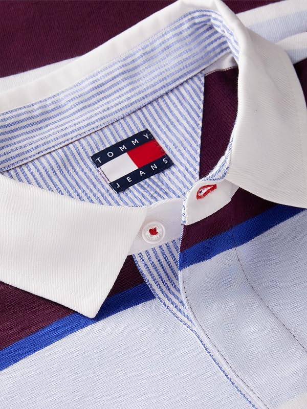 Tommy Jeans Men's Long Sleeve Cotton Rugby Polo Shirt in Relaxed Fit, Calypso Berry Stripe Small by Tommy Jeans - Used condition - Image 5