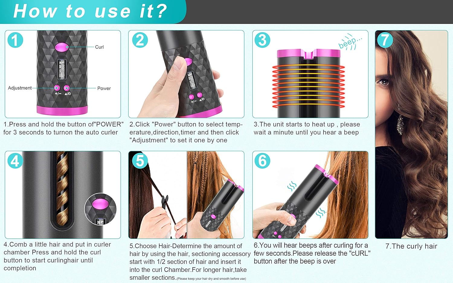 Hair Curler, Wireless Automatic Curling Iron Portable Ceramic Barrel Hair Curling Wand with LCD Display 6 Adjustable Temperature Rechargeable Cordless Auto Curler : Beauty & Personal Care