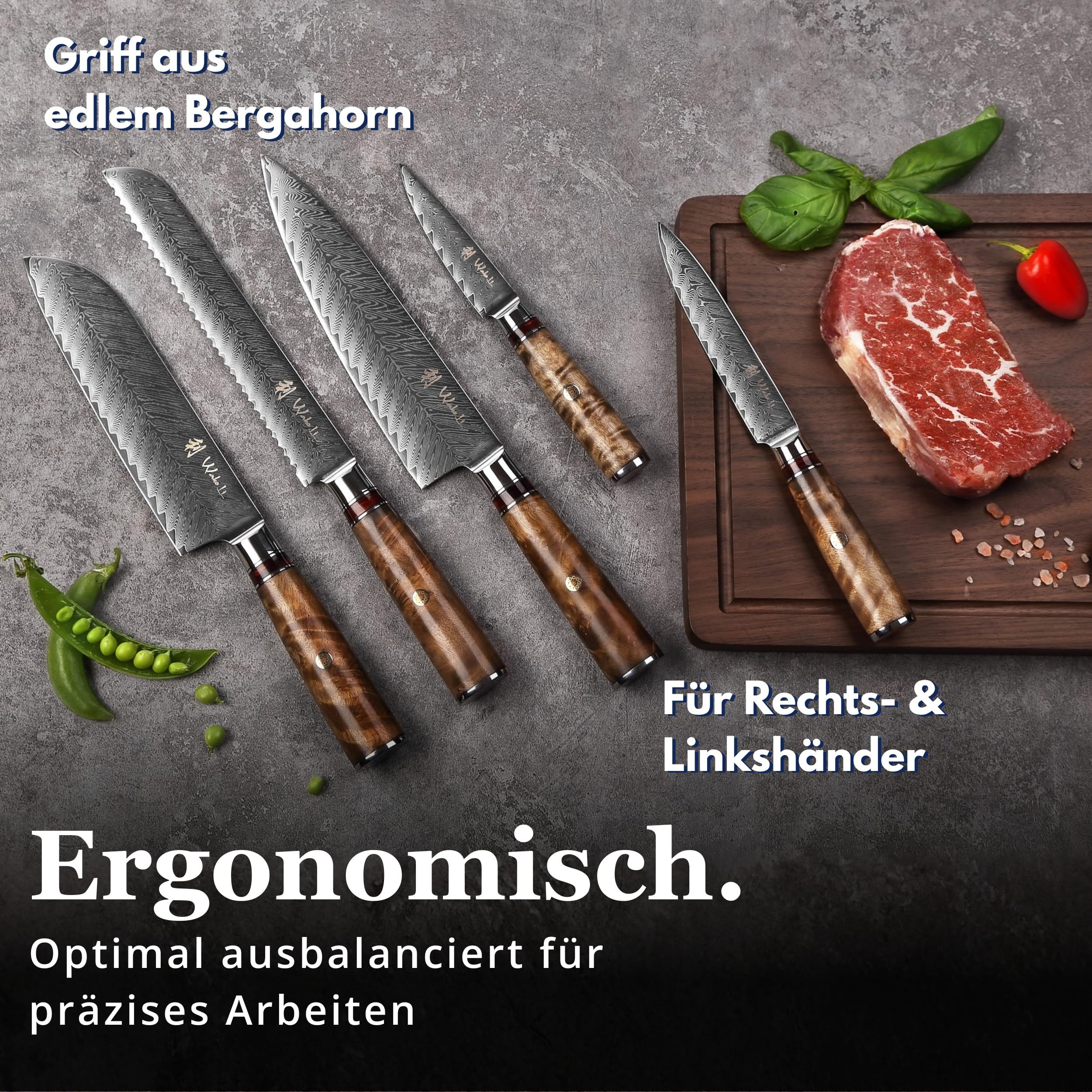 Wakoli Culinary Sycamore Messerblock Set, 5 Messer aus 67 Lagen Damaststahl | Kochmesser, Brotmesser, Santoku, Allzweck- und Officemesser mit VG10 Kern, Berghorngriffen und Magnetblock aus Akazienholz