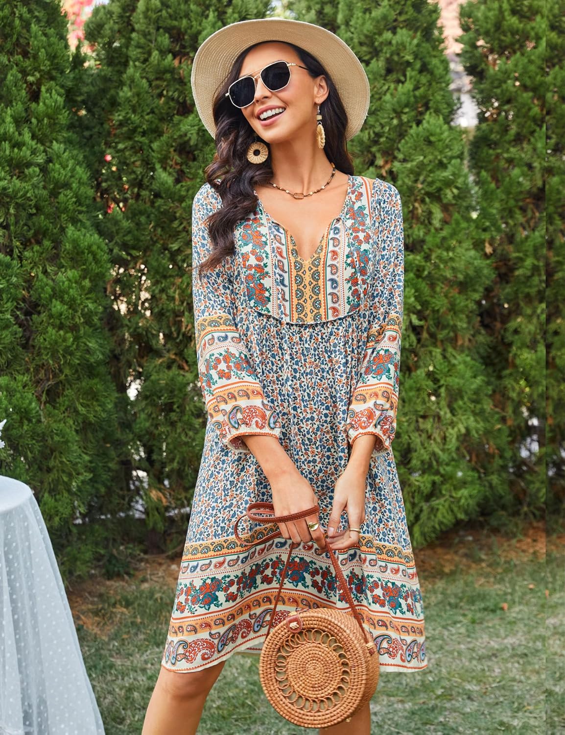 Bluetime Women Casual Summer Dress Boho V Neck 3/4 Sleeve Babydoll Floral Print Flowy Beach Dress - Image 3