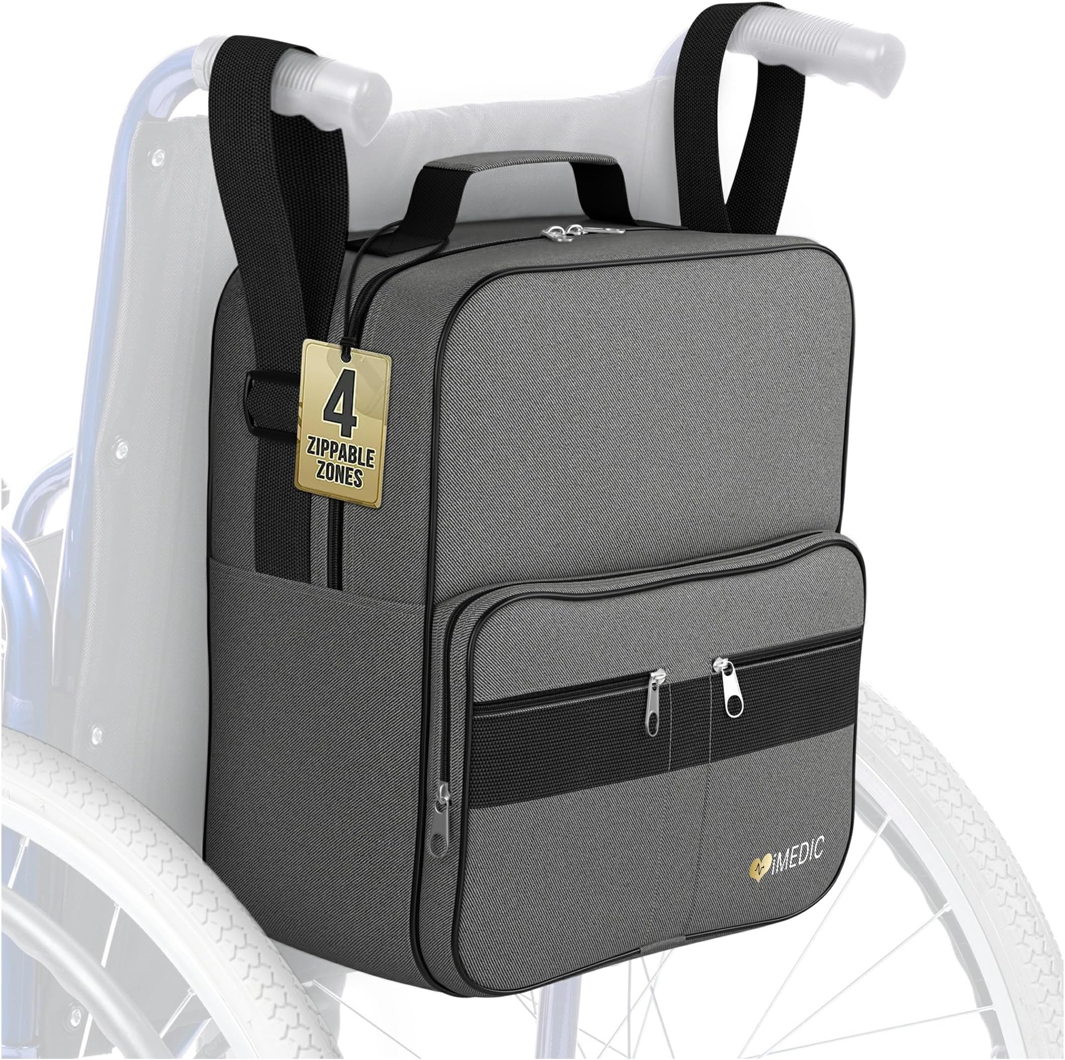 iMedic Deluxe Wheelchair Bag - Wheelchair Backpack - Back of Chair Wheelchair Bag - Electric Wheelchair Accessories - Wheelchair Storage - Wheelchair & Mobility Scooter Bag & Basket - Grey