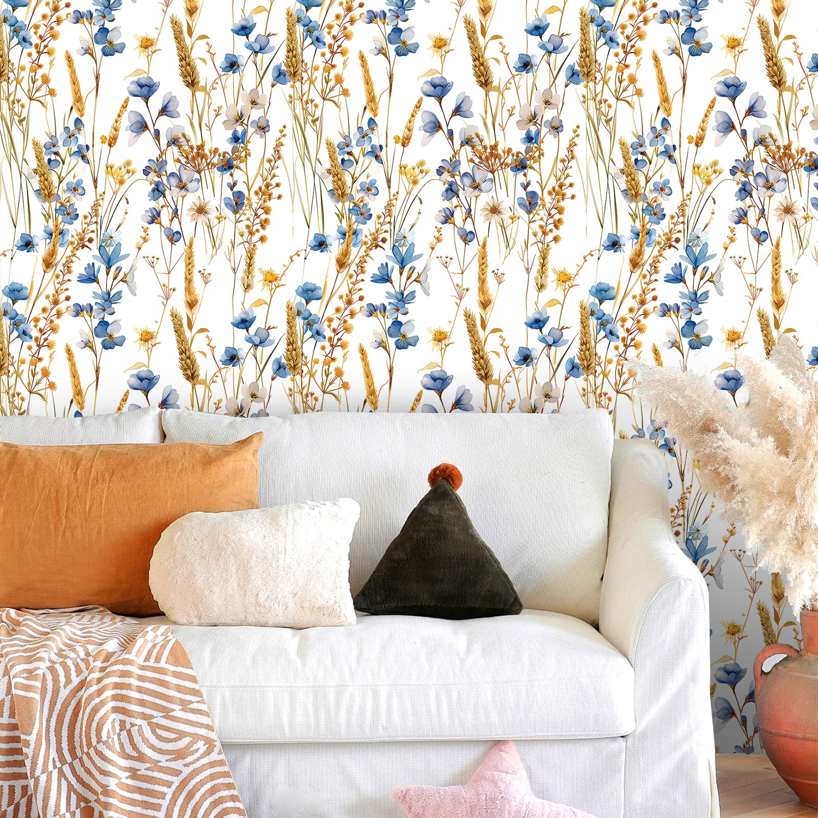 FunStick 44.5CMx9M Papel Pintado Floral Blanco Pared Dormitorio Trigo Otoñal y Flores Silvestres Impermeable Papel Adhesivo para Muebles Baño Blanco Azul Dorado Vinilo Adhesivo Flores Muebles Armario