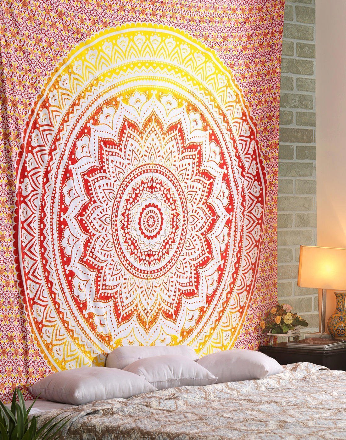 Om Export Ombre Indian Mandala Bohemian Art Hippie Wall Hanging Bedspread Bedcover Beach Throw Blanket Room Dorm Bedsheet Outdoor Picnic Yoga Mat Tapestry (Green) (Yellow, Twin (84x54 Inches))-image-33