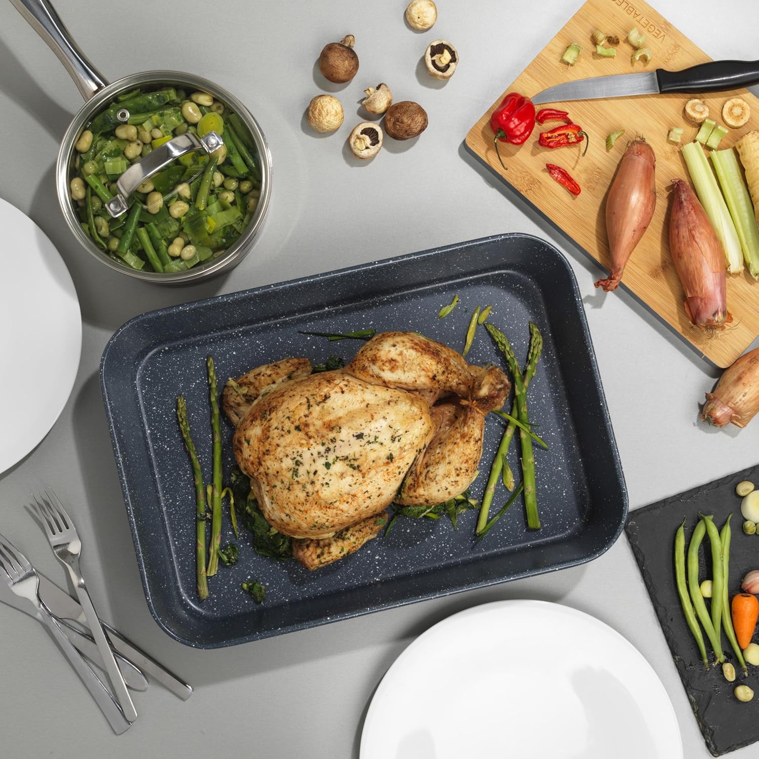 Russell Hobbs COMBO-7557A Roasting Pan & Cake Tin Set, Non-Stick Carbon Steel Oven Trays, Tall Deep Sides, PFOA-Free, Easy Clean, Cooking Set, Nightfall Stone Collection, Blue Marble, 26/40 cm