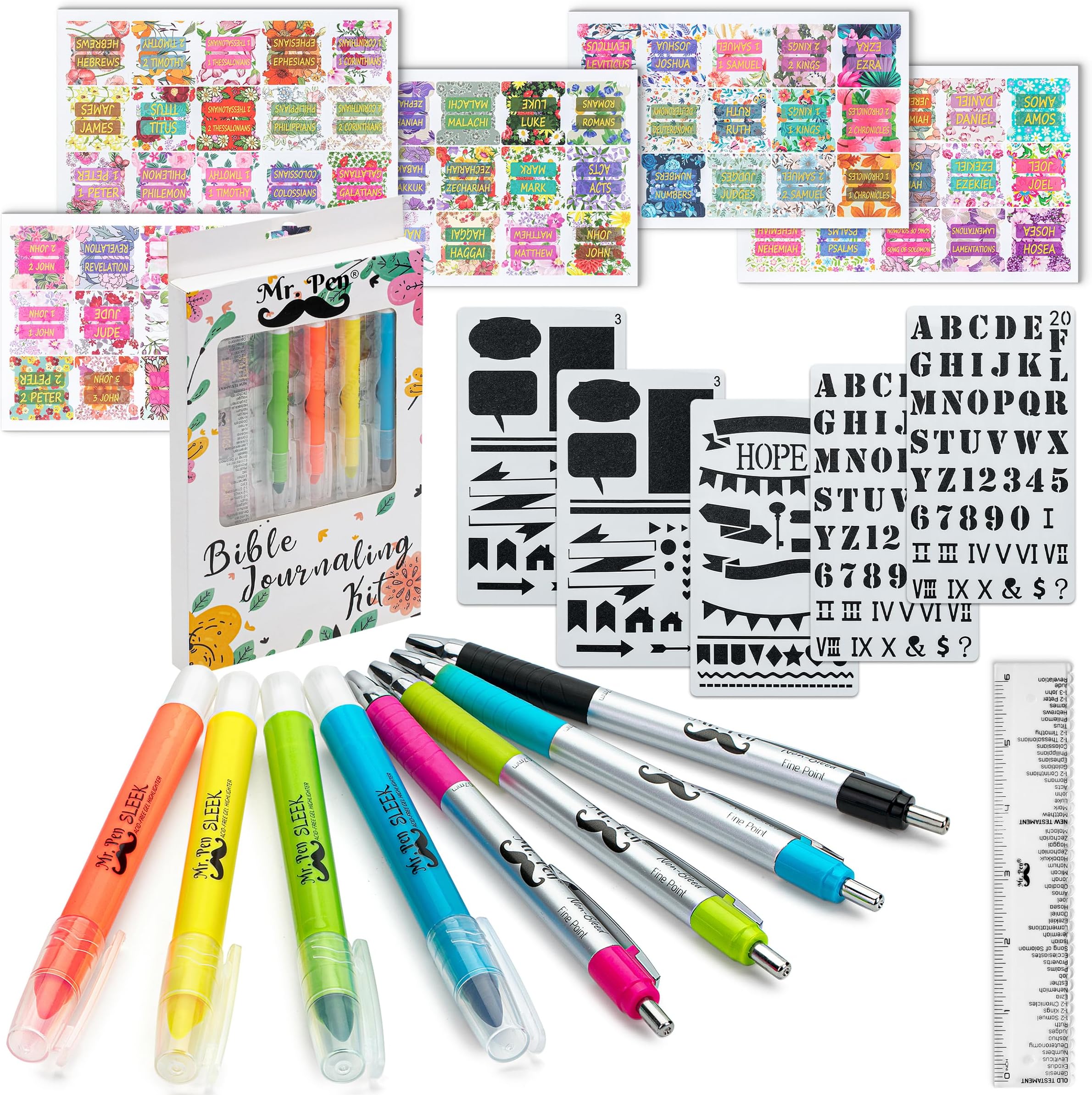 Bible Journaling Kit with Bible Highlighters and Pens No Bleed, Bible Tabs, Bible Stencils, Bible Ruler, Bible Markers No Bleed, Bible Journaling Supplies, Bible Study Kit, Christian Gifts