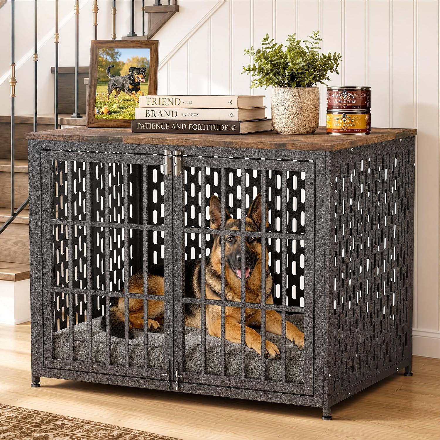 Heavy Duty Dog Crate Furniture, 42 inch Dog Crate for XL Dogs Aged Black | Escape Proof Dog Crate with 4 Latches, Chew-Proof Heavy-Duty Metal Tube, 0.5"Thick Wood Panel, Adjustable Feet Pads