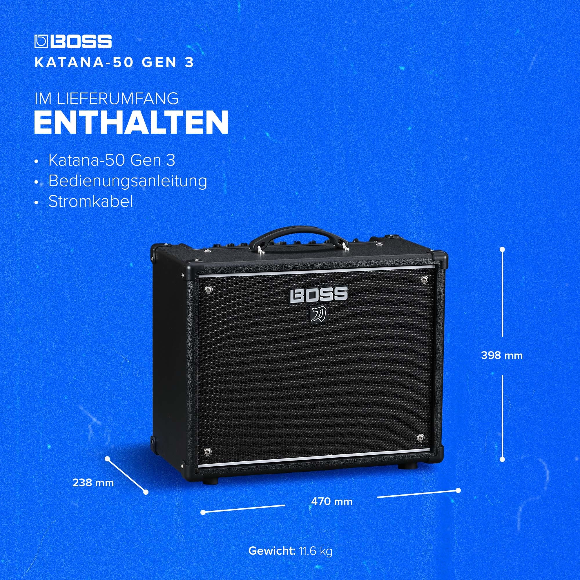 BOSS Katana-50 Gen 3 Gitarrenverstärker, Kompakter 50 Watt Combo-Verstärker, 12‘‘-Custom-Lautsprecher, Weiterentwickelter Tube-Logic-Sound, 12 Verstärkercharakter, Integrierte Effekte