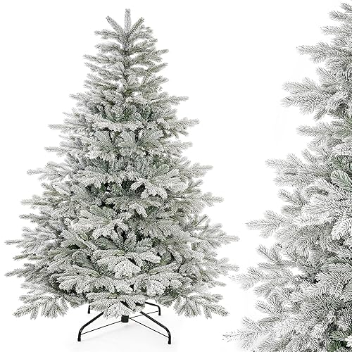 Decoway 6ft Artificial Christmas Tree, Unlit Snow Flocked Xmas Tree with 1571 Branch Tips and Sturdy Metal Stand for Indoor Outdoor Home Decoration - 6ft
