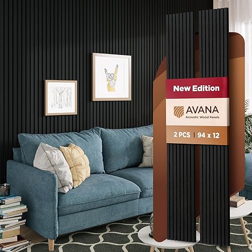 Miniatura 19 de Avana Paneles de pared de madera acústica de 94.4 x 12.6 pulgadas, 4 paneles acústicos de roble negro, 4 unidades, paneles de pared para decoración