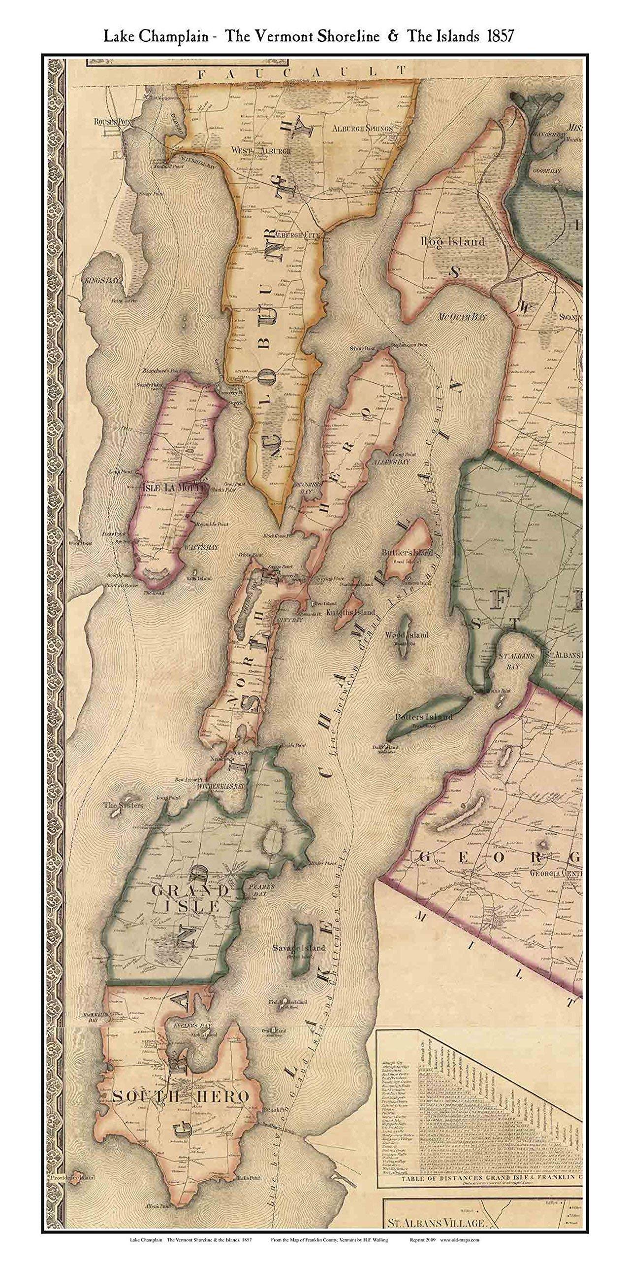 Lake Champlain & The Islands 1857 Map of Towns by Walling - Composite Map Reprint (North) Vermont