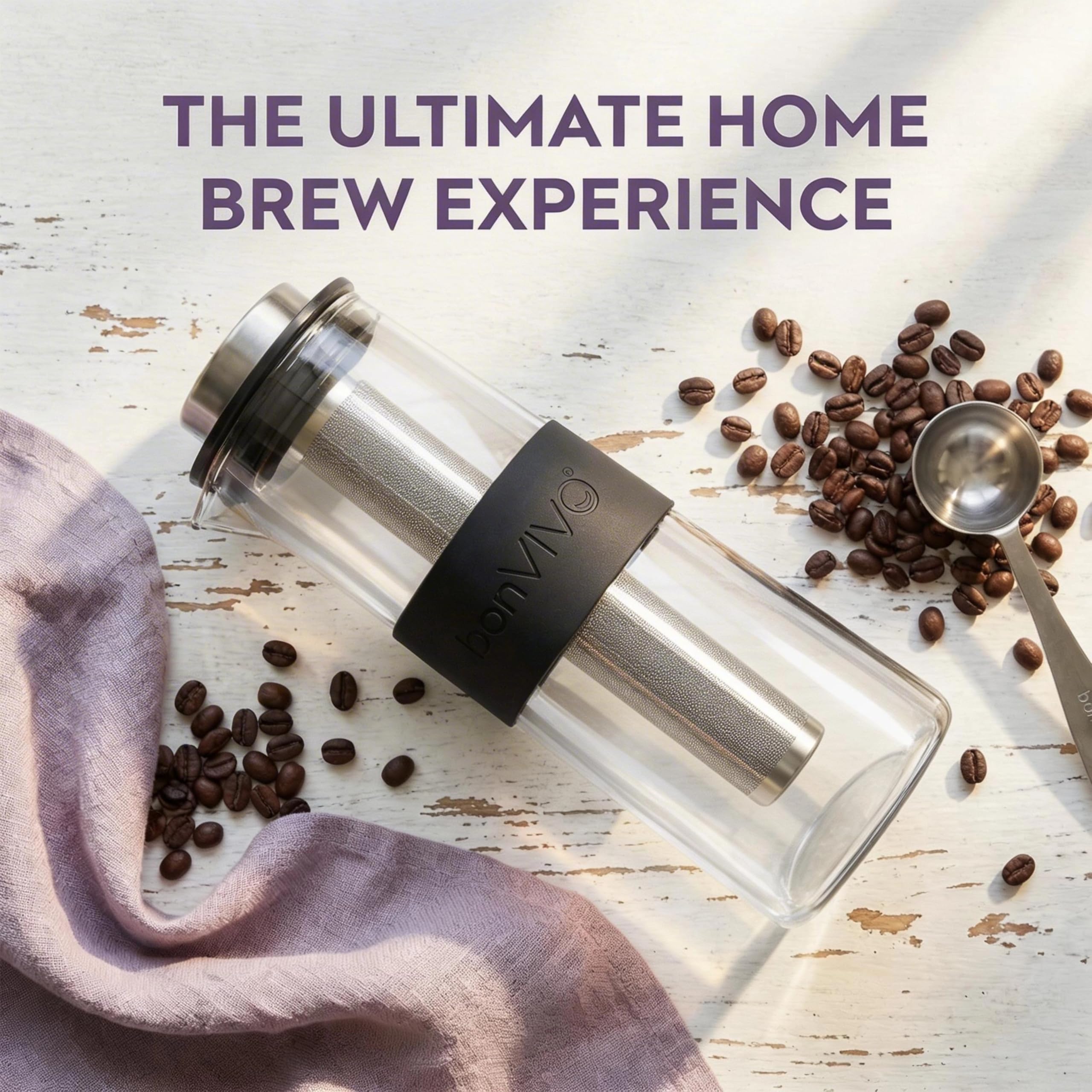 bonVIVOCold Zaparzacz do kawy ze szklaną karafką borokrzemową i filtrami z stali nierdzewnej, butelka do kawy mrożonej, Cold Brew – 1 l (4 filiżanki)