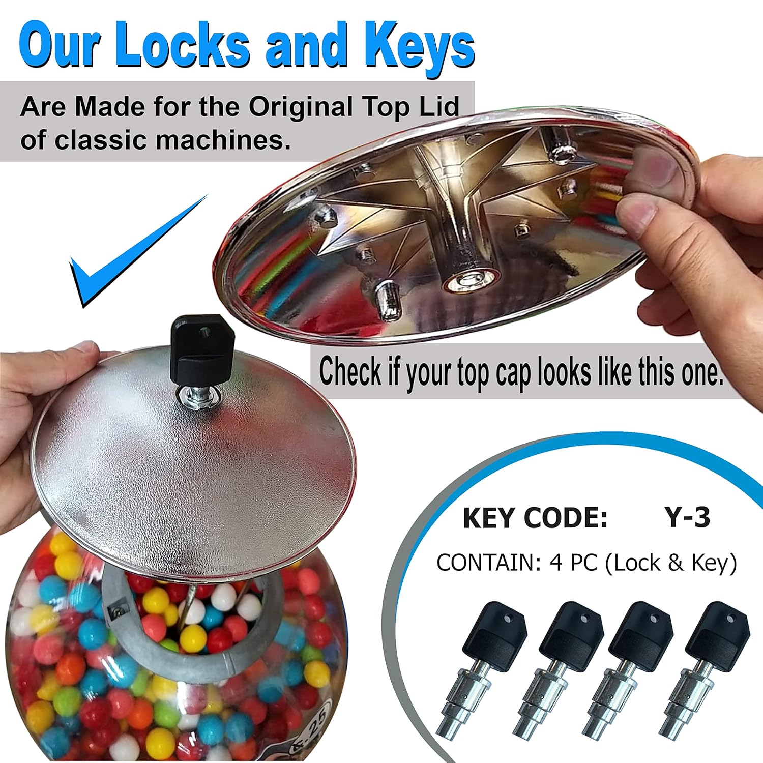 Lock and Key for Gumball Machine - Vending Machines Top Lid Tubular Key Lock for Capsule, Candy, Gumball Vending Machine. Classic Gumball Machine Lock and Key 1/4" Thread (4pc - Key Y3)…