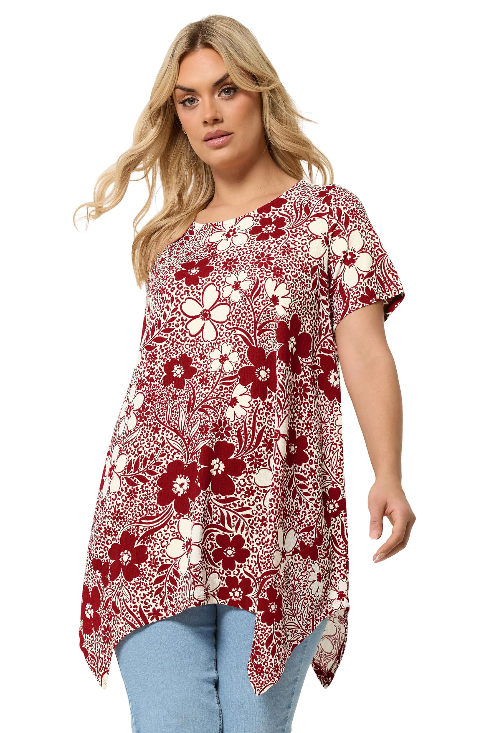 Yours Curve Red Floral Hanky Hem Top - Women's - Plus Size Curve