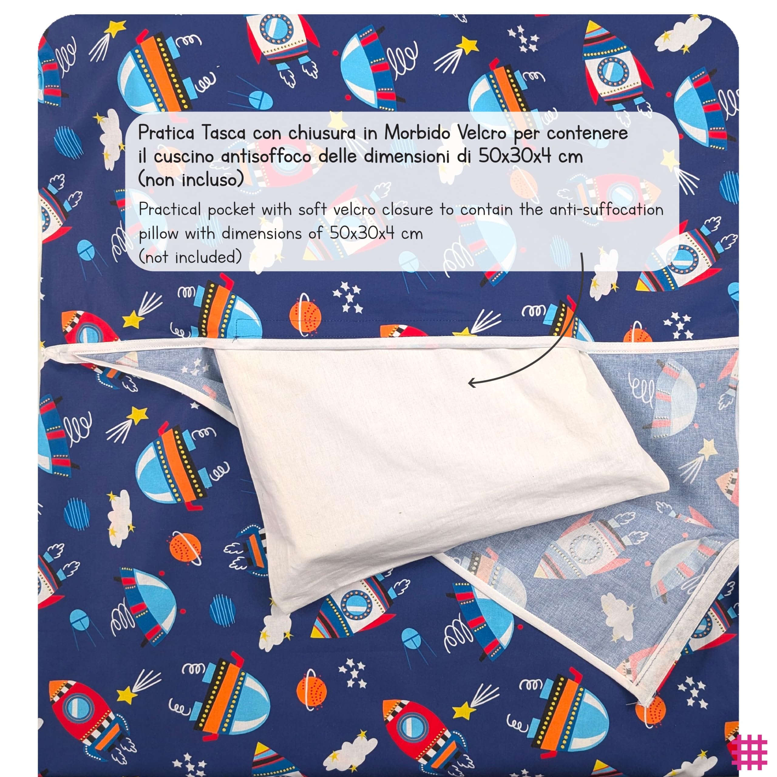 Set Asilo, Sacco nanna estivo e sacchetto per Bimbo e Bimba da 2 a 6 Anni - Tessuto 100% Cotone - Made in Italy (Set Asilo Astronavi)