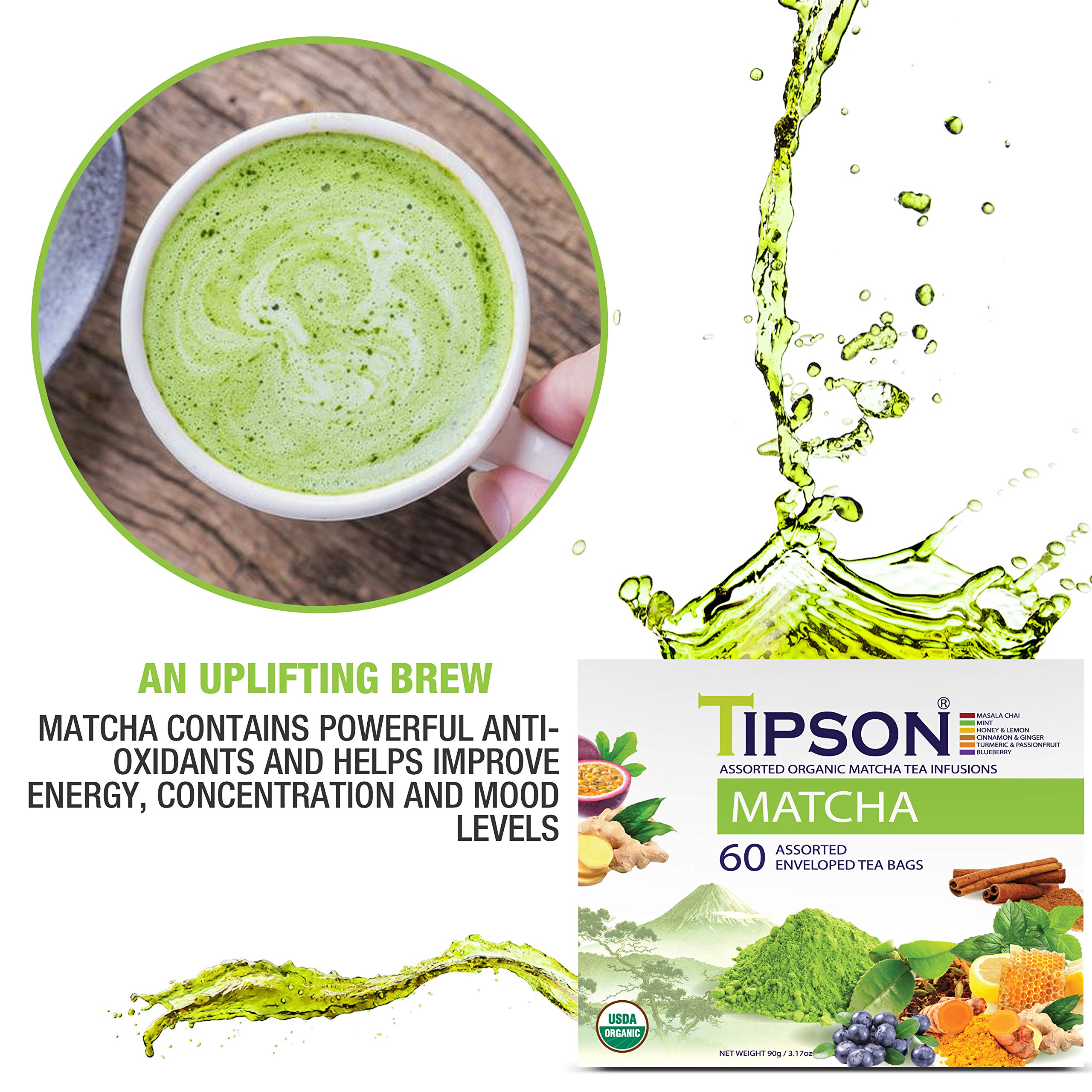 Tipson Organic Matcha Variety Sampler - 6 Flavors 60 Tea Bags Herbal Tea Infusions - USDA Organic Non — view 2