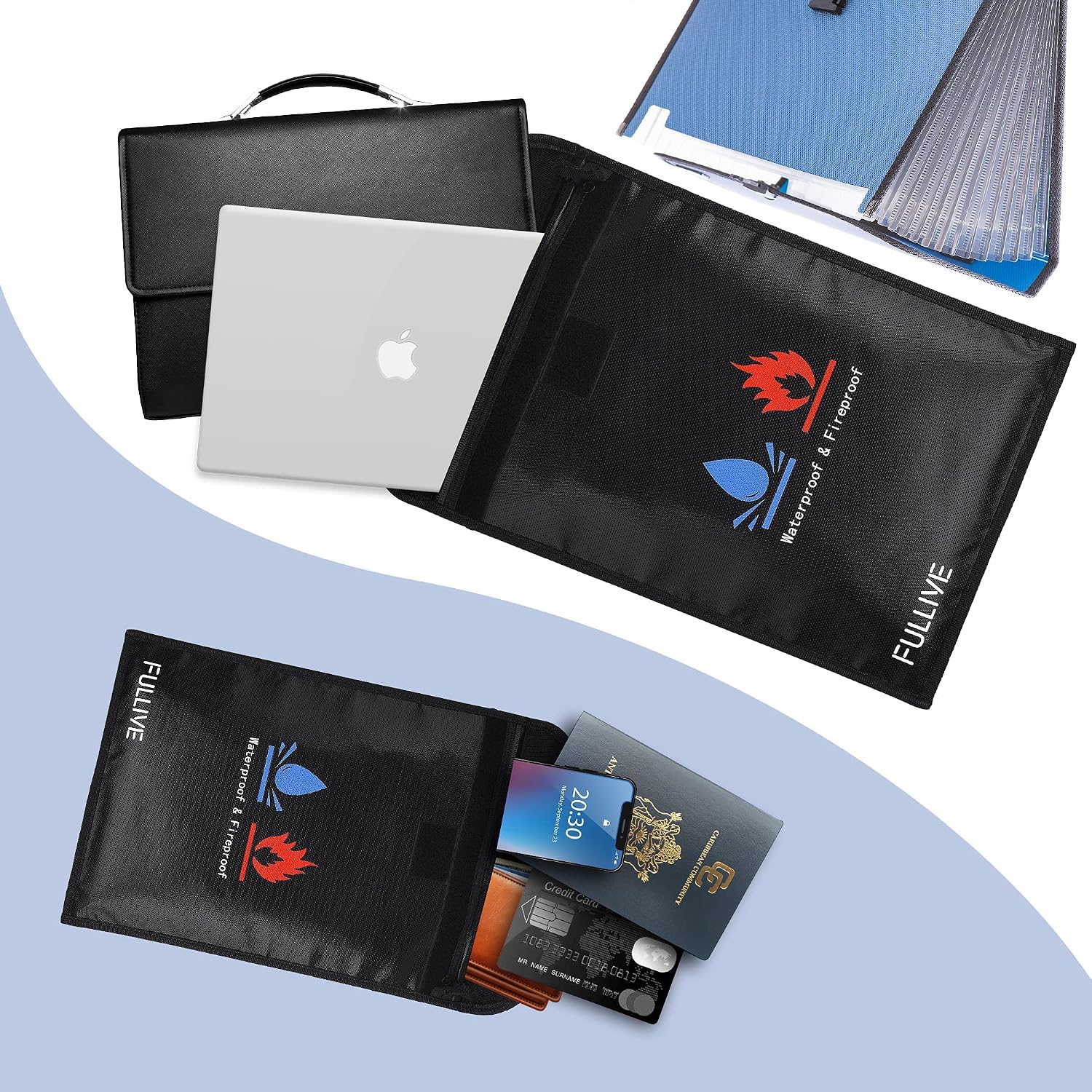 Fireproof Document Bags, Fullive 15" x 11" Waterproof Fireproof Money Bag with Zipper, 7" x 9" Fire Safe Storage Fireproof File Holder Envelope for Valuables Money Jewelry Legal Documents Files Safe